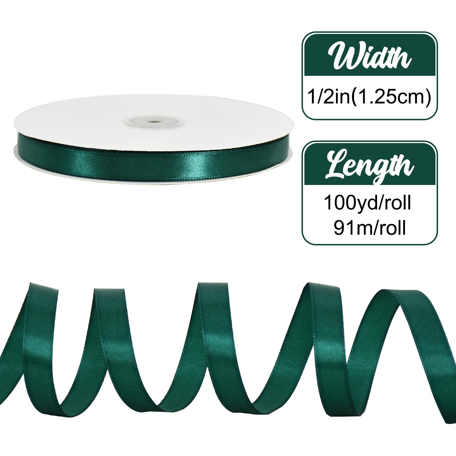 TONIFUL 1/2 Inch x 100yds Christmas Green Satin Ribbon Thin Solid Fabric Ribbons for Invitation Gift Wrapping Bows Craft Making - Image 2