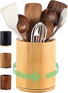 Wooden Utensil Holder, 360°Rotating 7.3'' Large Utensil Holder for Kitchen Counter, Kitchen Utensil Organizer, Utensil Crock, Farmhouse Kitchens Countertop Decor, Bamboo Wood