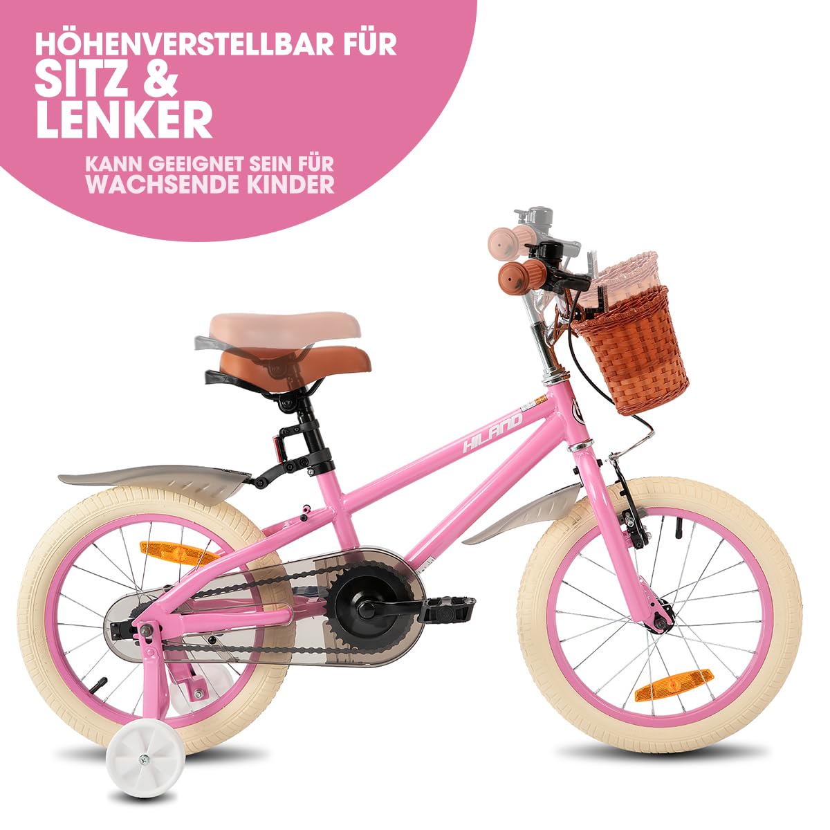 HILAND Spark 14/16/18 Zoll Kinderfahrrad für Mädchen, mit Stützrädern oder Ständer, Vorderhandbremse & Rücktrittbremse Fahrrad fur Kinder, Mädchenfahrrad mit Korb und Schutzblechen, Grün/Rosa