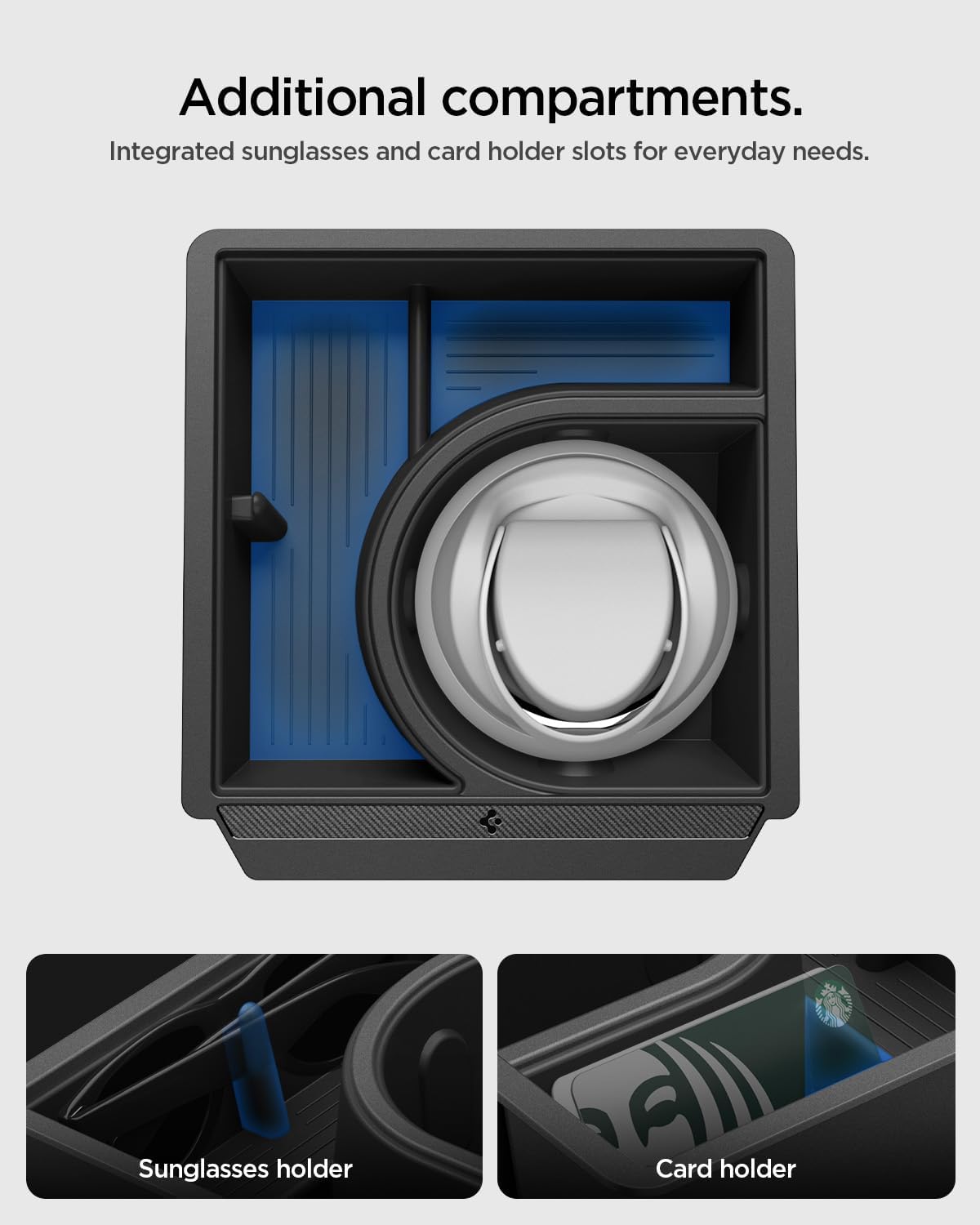Spigen Center Console Organizer [Sliding Tray w/Intelligrip & Sunglass Holder] for 2025 2026 Tesla Model Y Juniper Accessories, Cup Holder Expander for 32oz 40oz Owala, Hydro Flask, Yeti, & More