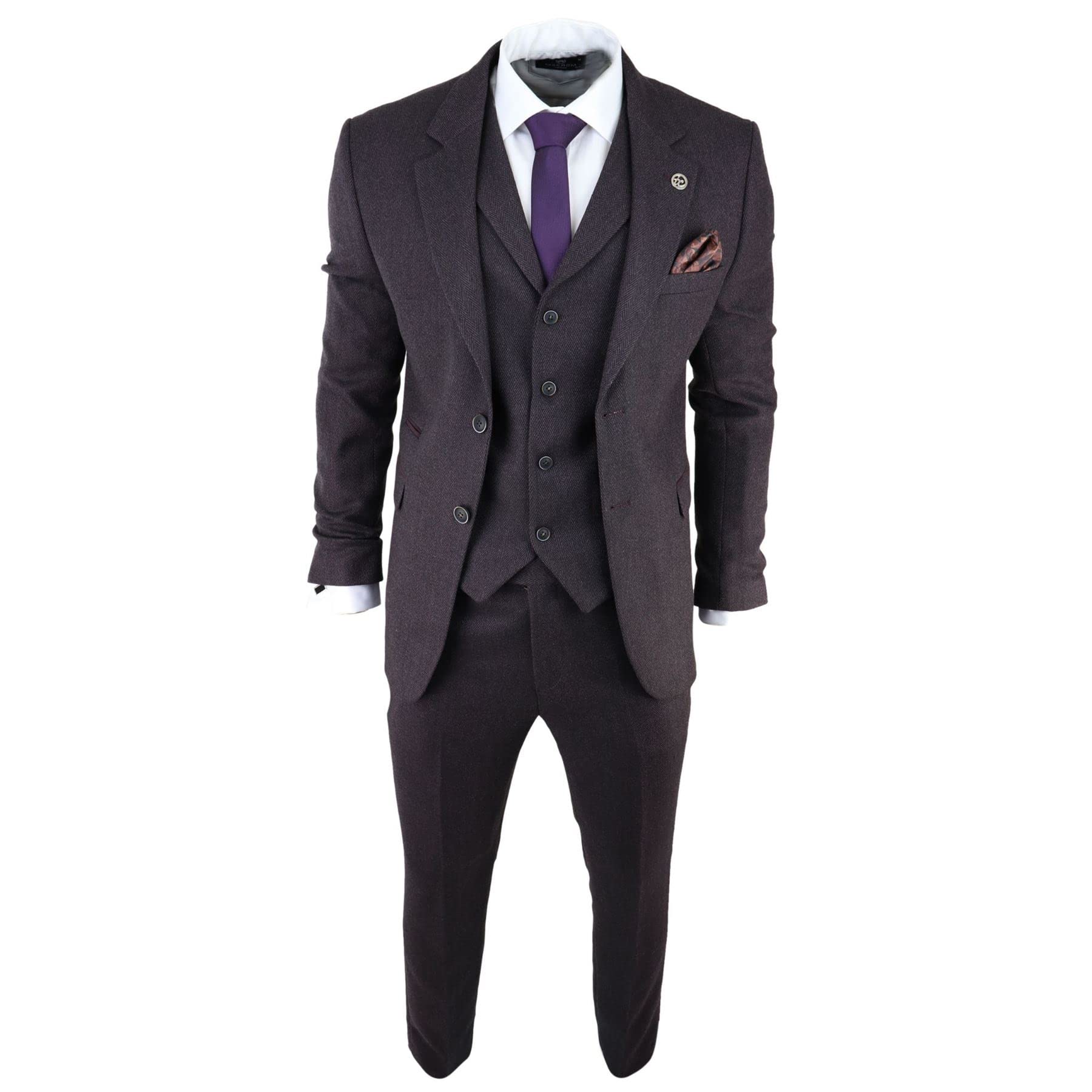 Mens Herringbone Tweed 3 Piece Suit Purple Plum Tailored 1920s Vintage Blinders - Plum 36