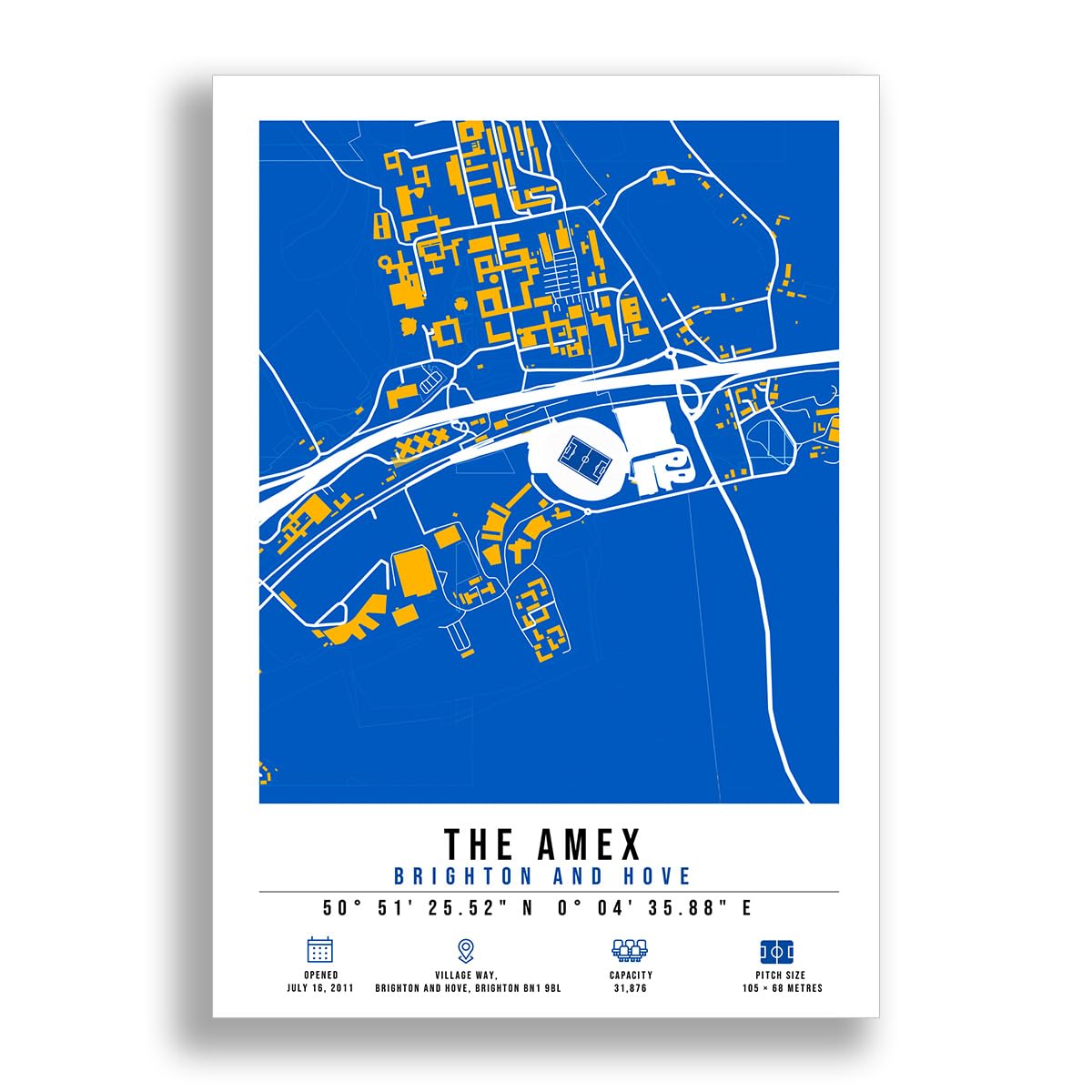 Mounted Gifts Trading A4 Poster Only The Amex Falmer Stadium Map Minimalist A4/A3 Poster Photo Print Framed Gift Brighton & Hove Albion (A4 Poster Only)