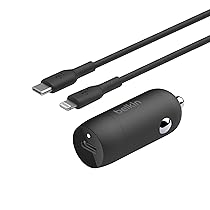 Belkin BOOST↑CHARGE™ Caricabatteria da auto rapido da 30 W, design compatto con porta USB-C PD, cavo da USB-C a Lightning incluso, compatibilità universale per iPhone 14 Series, iPad e altri – Nero