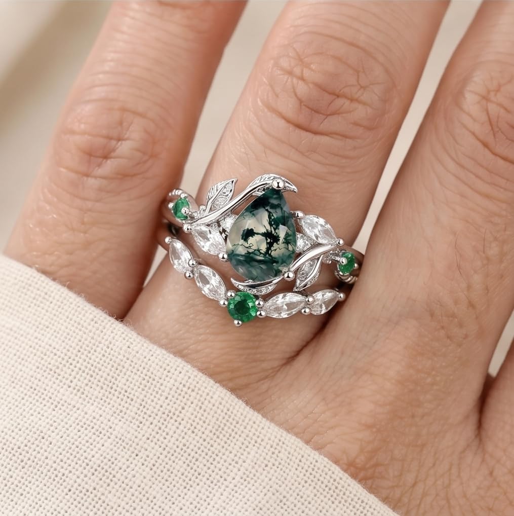 KQ&TTENG Natural Moss Agate Ring Set Moss Agate Moissanite Ring Engagement Rings Jewelry Wedding Gift for Couple Bride Women Ring Size 7-9