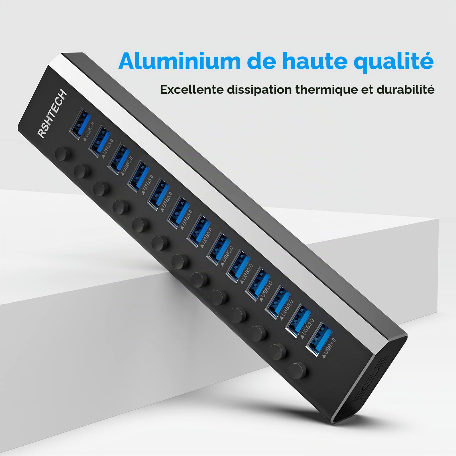 RSHTECH Hub USB Alimenté à 13 Ports, Aluminium Hub USB 3.0, RSH-A13-5