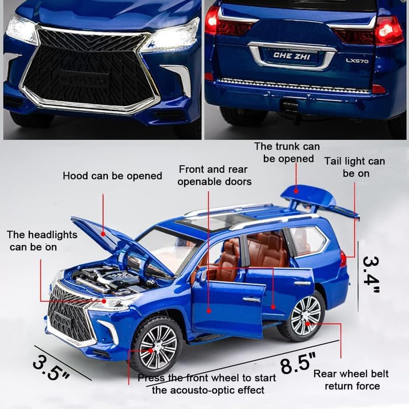 Image of Kids Model 1:24 Lx570 Die Cast Metal Car Pull Back Action Opening Doors with Realistic Engine Sound Lights Toy Car Gift for Boys - Blue
