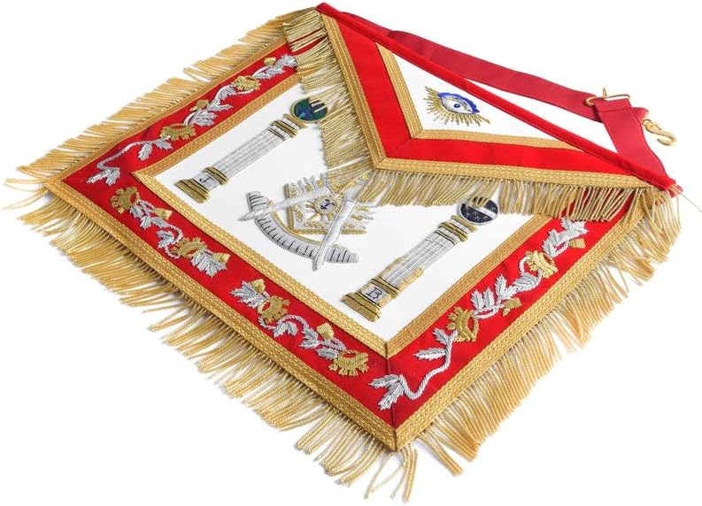 BRICKS MASONS Past Master Blue Lodge California Regulation Apron - Red & Gold Hand Embroidery Bullion With Pillars