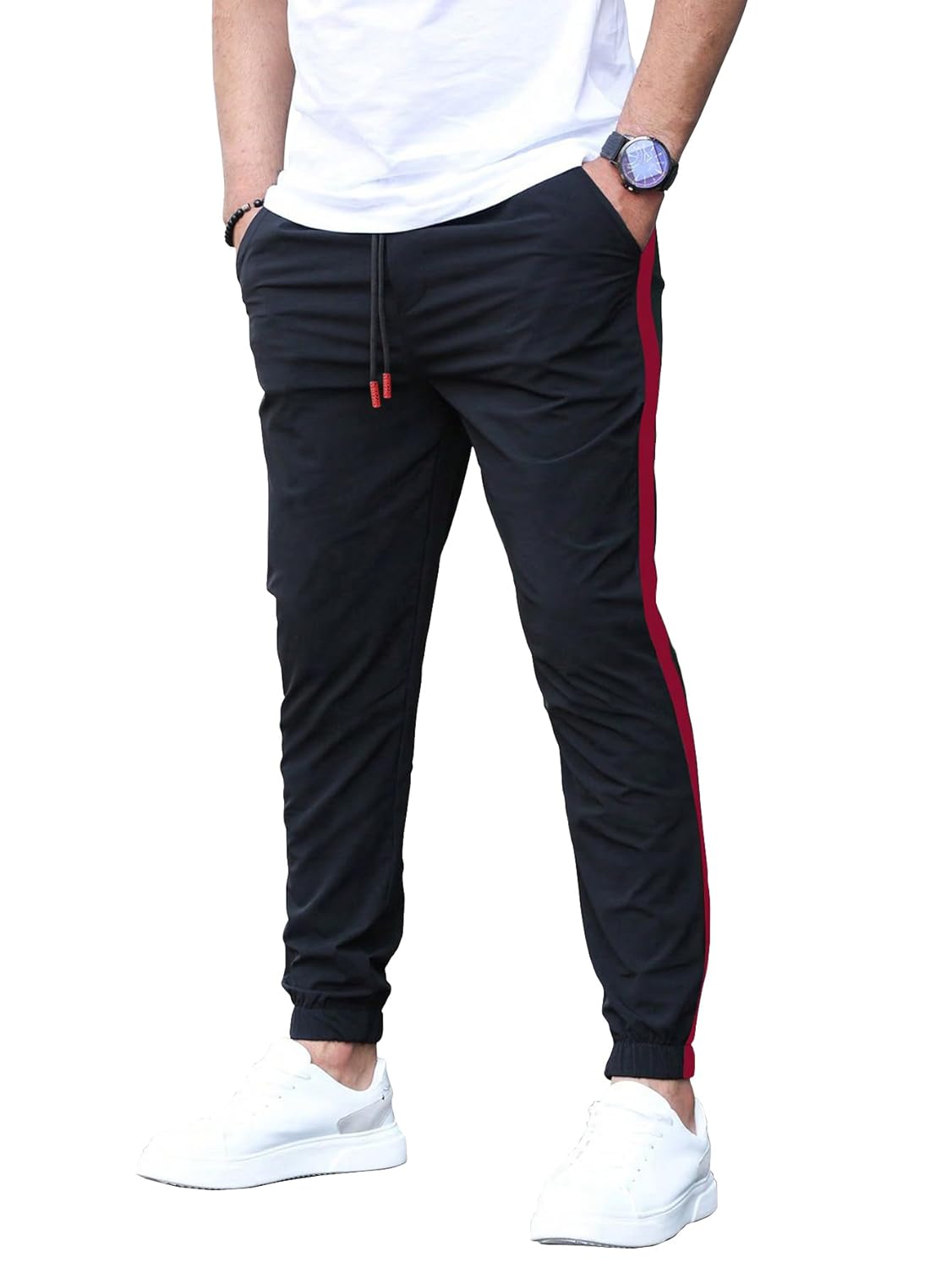 Shasmi Men’s Athletic Jogger Black and Chikku Casual Contrast Side Color Block Patchwork Drawstring Waist Track Pant with Slit Pockets, Minimalist & Fashionable (Track 177)