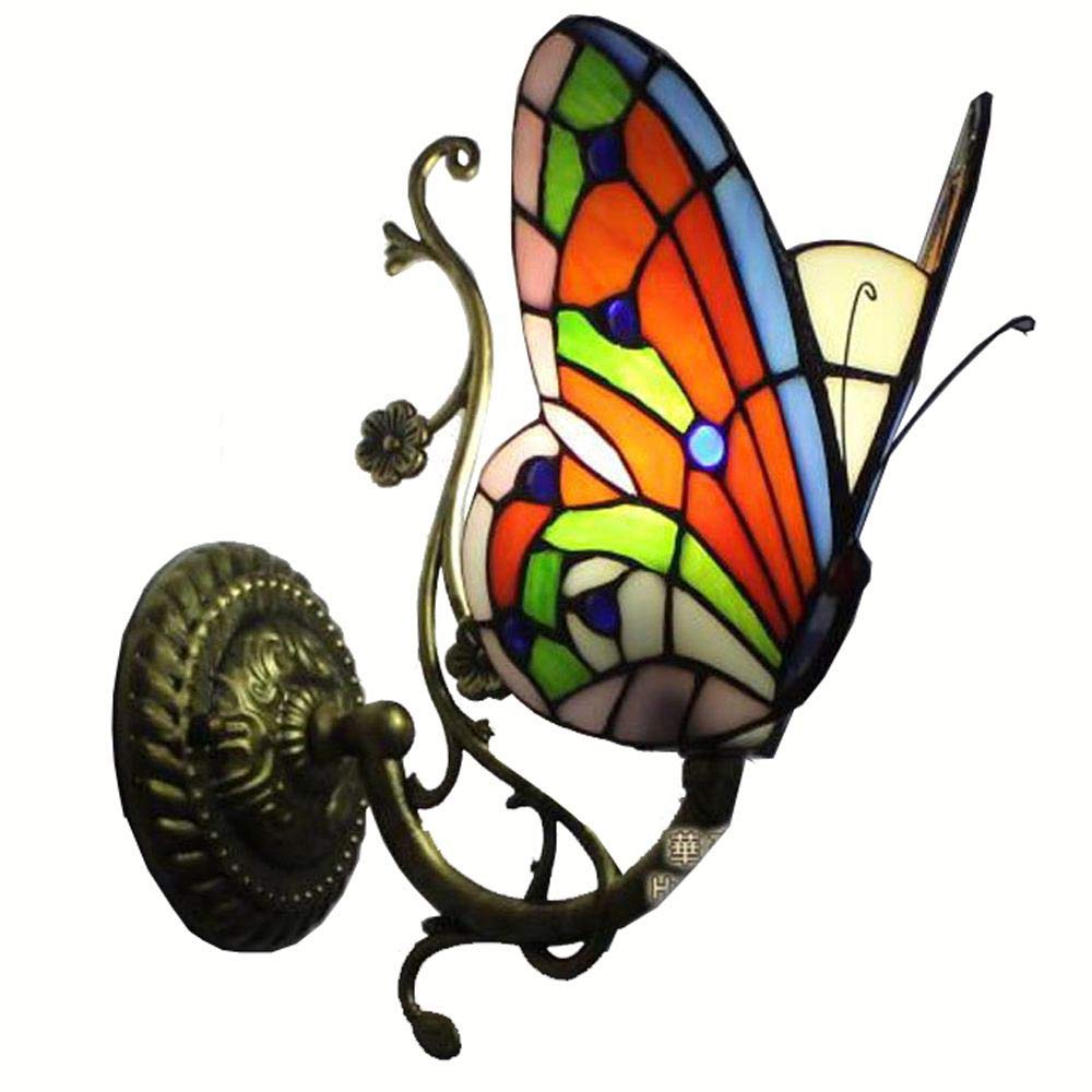OOEOE Tiffany Glass Butterfly Club Corridor Wall Light Alloy Bronze Arms Bedroom Bedsides Stair Case Wall Sconce Villa Balcony Hallway Porch Wall Lighting Fixtures (B)
