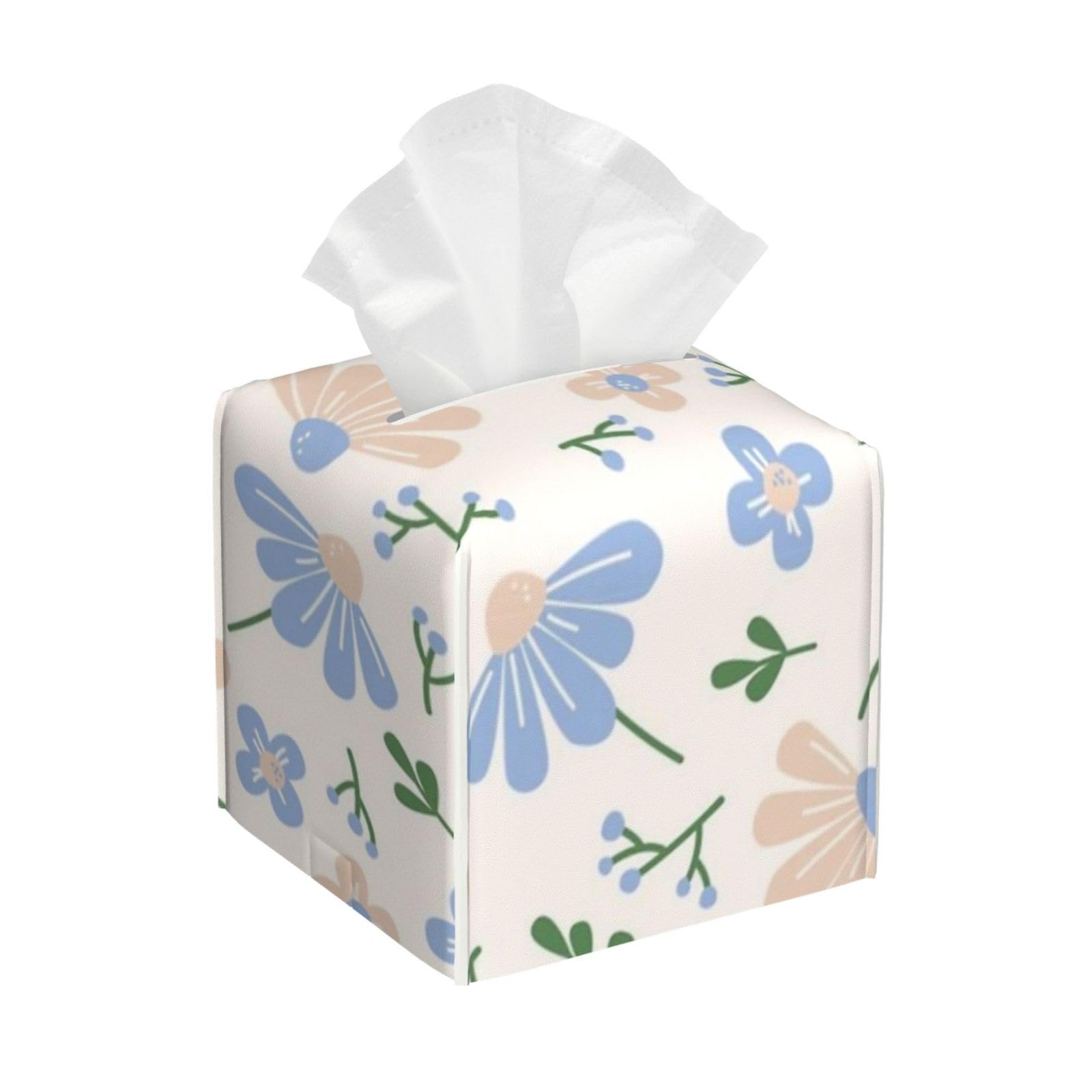 Daisy Blue and Beige Flowers Tissue Box Cover 5" Square Leather Tissue Holder Facial Tissue Case for Tabletop Bedroom Bathroom Desk Decor