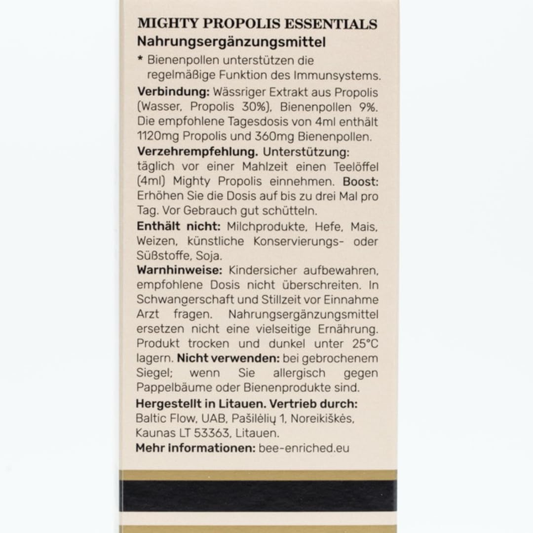 Propolis Tropfen ohne Alkohol 39% 1480 mg - Mighty Propolis Essentials 100 ml mit Bienen Pollen Hochdosiert - Natürliche Unterstützung bei Erkältungen auch für Kinder von Bee Enriched | Tinktur