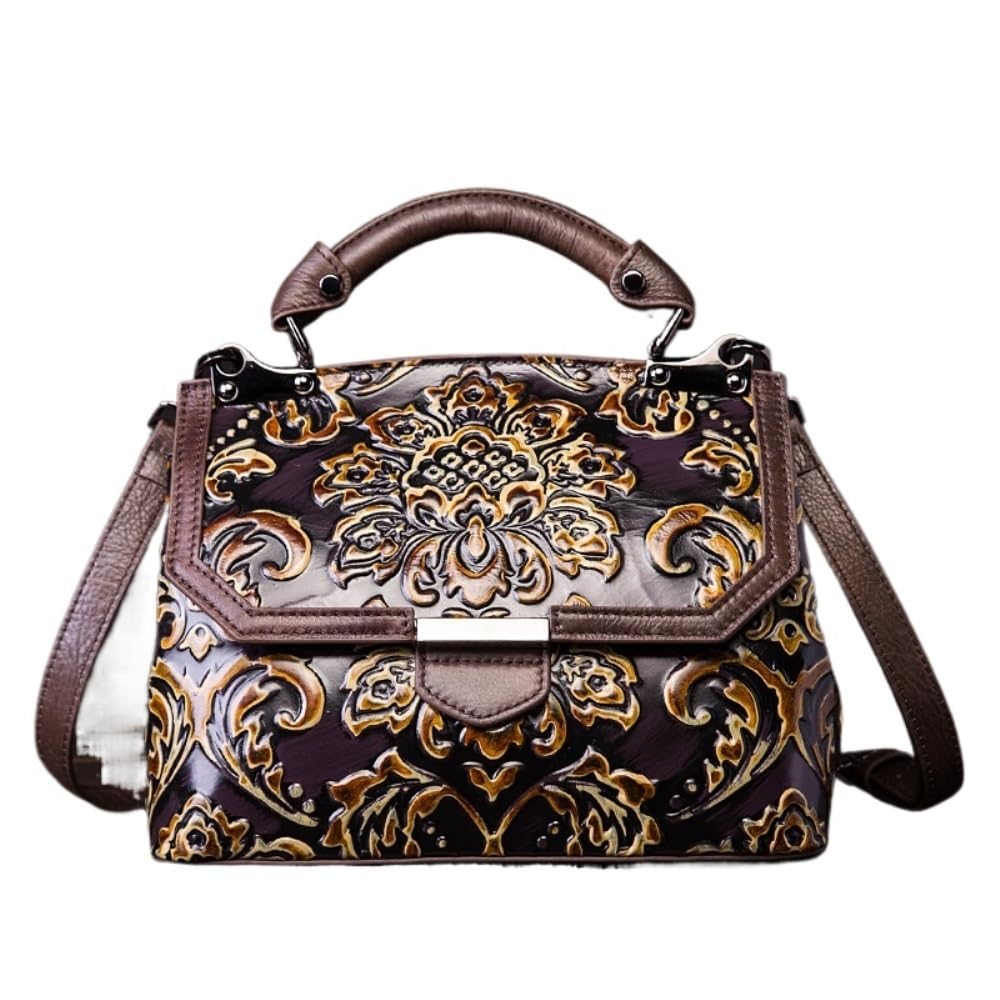 Minimalist Women's Top-Grain Leather Crossbody Bag - Retro Ethnic Embossed Handheld Bag, Vintage Style(Purple)