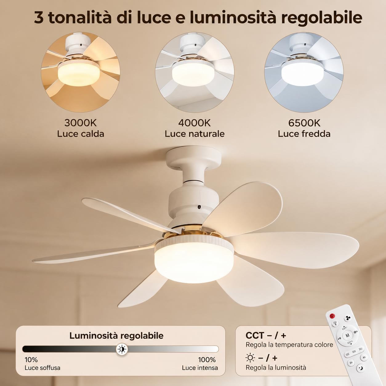 MARSI Ventilatore da Soffitto con Luce LED 52 cm, Lampadario con Ventilatore E27, 6 Pale, Motore DC, 3 Velocità, Luce Dimmerabile, Telecomando IR, per Camera e Soggiorno