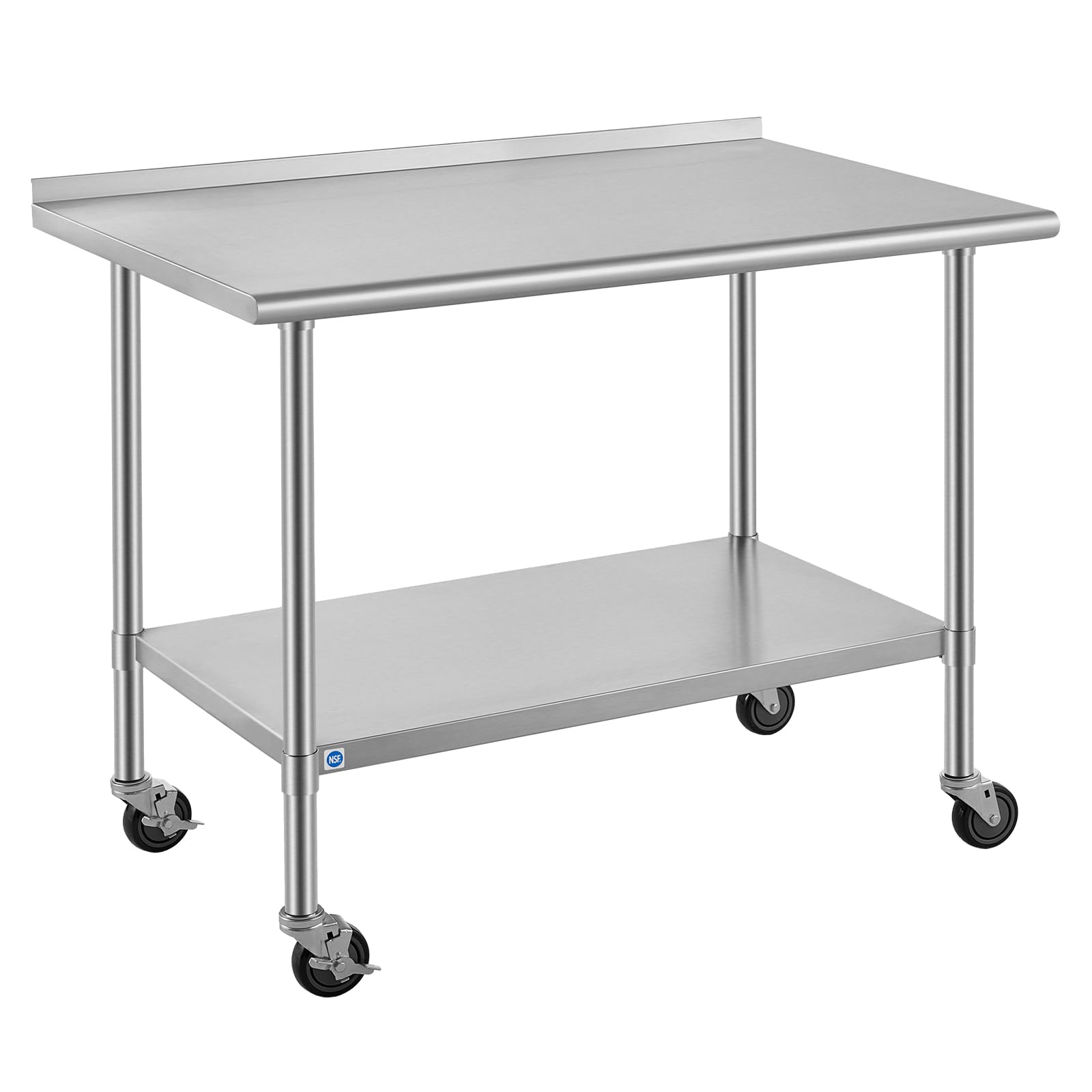 ROCKPOINT All Stainless Steel Prep Table with Caster &amp; Backsplash 30x48 Inch，Commercial Heavy Duty Workbench with Stainless Legs &amp; Adjustable Undershelf,840 lb Capacity for Outdoor Kitchens with Wheel