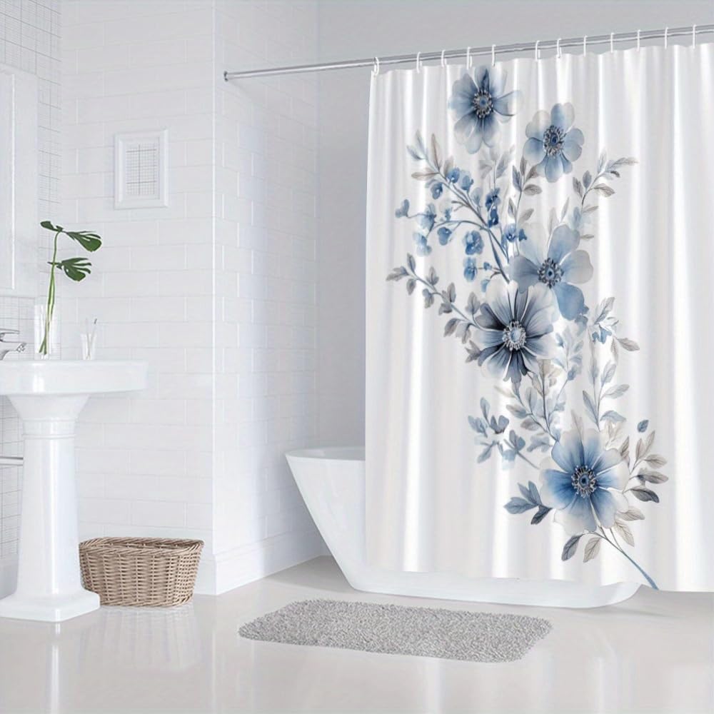 1 pezzo 180x220CM Fantasia floreale blu e bianca Tenda da doccia con gancio, in poliestere, per finestre e pareti, vasca da bagno, bagno, lavabile in lavatrice, universale per tutte le stagioni.
