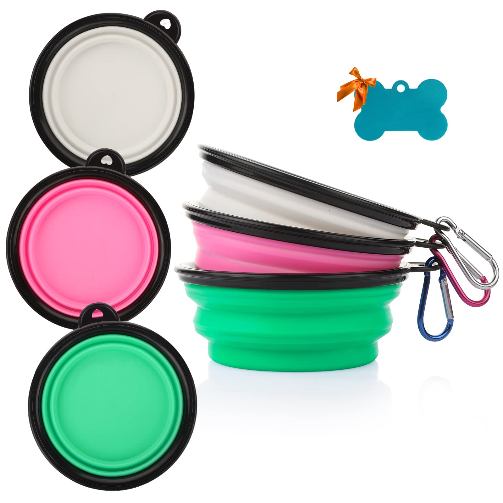 Collapsible Dog Bowls, 3 Pack Collapsable Doggy Water Bowl for Cats Dogs, Portable Travel Dog Feeding Watering Dish for Pet Camping Walking with 2