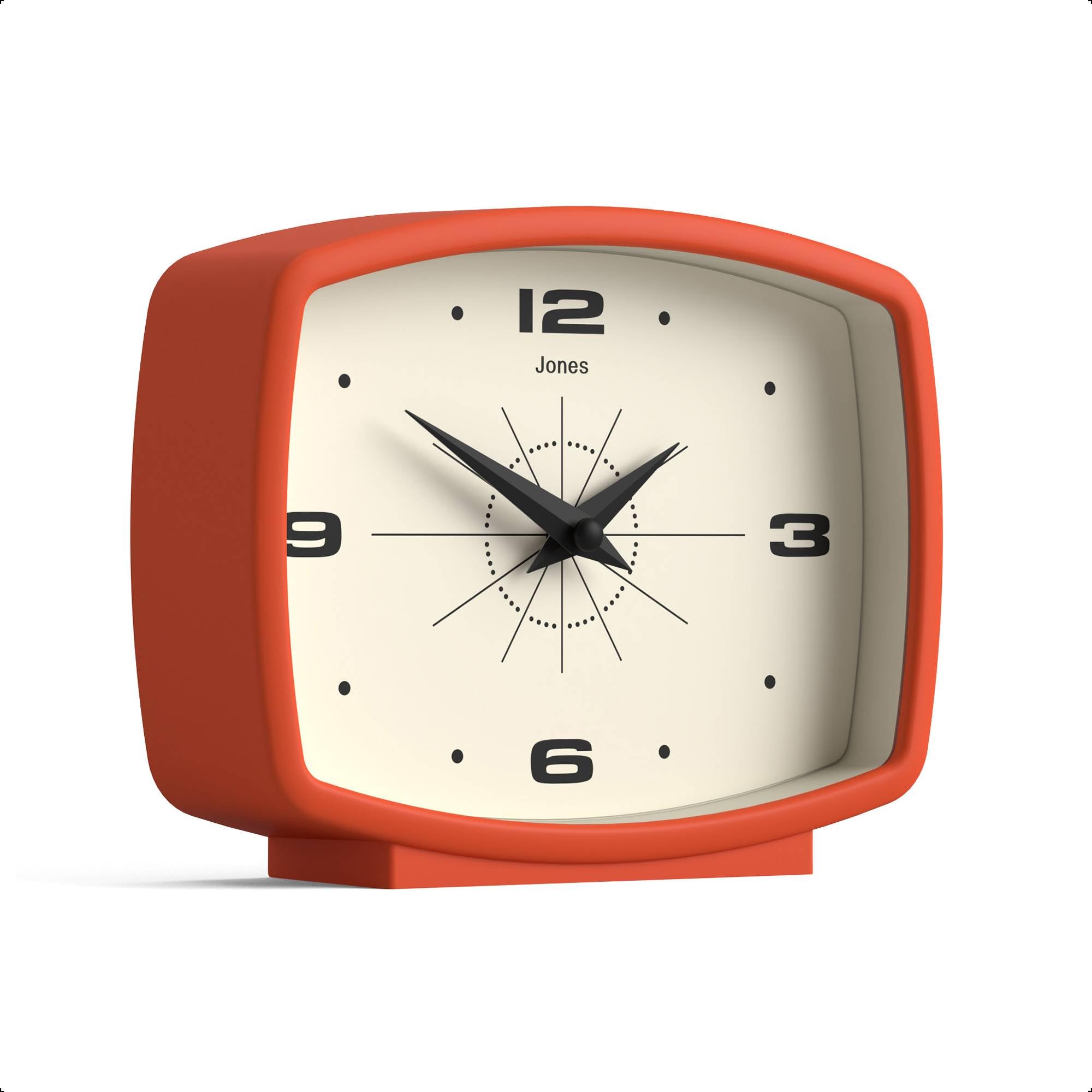 JONES CLOCKS® Film Schreibtischuhr | Retro-rechteckiges Design | Orange | Retro-Design, das mid-Century-Stil mit einem markanten modernen Finish für Regal, Tisch, kaminsims oder Bett verbindet