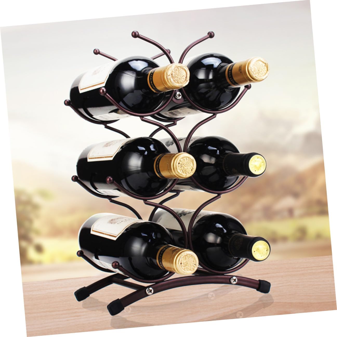 Vintage Metal Wine Rack 6-Bottle Detachable Hollow Wine Holder Stand Matte Antique Copper for Home Dining Room and Storage