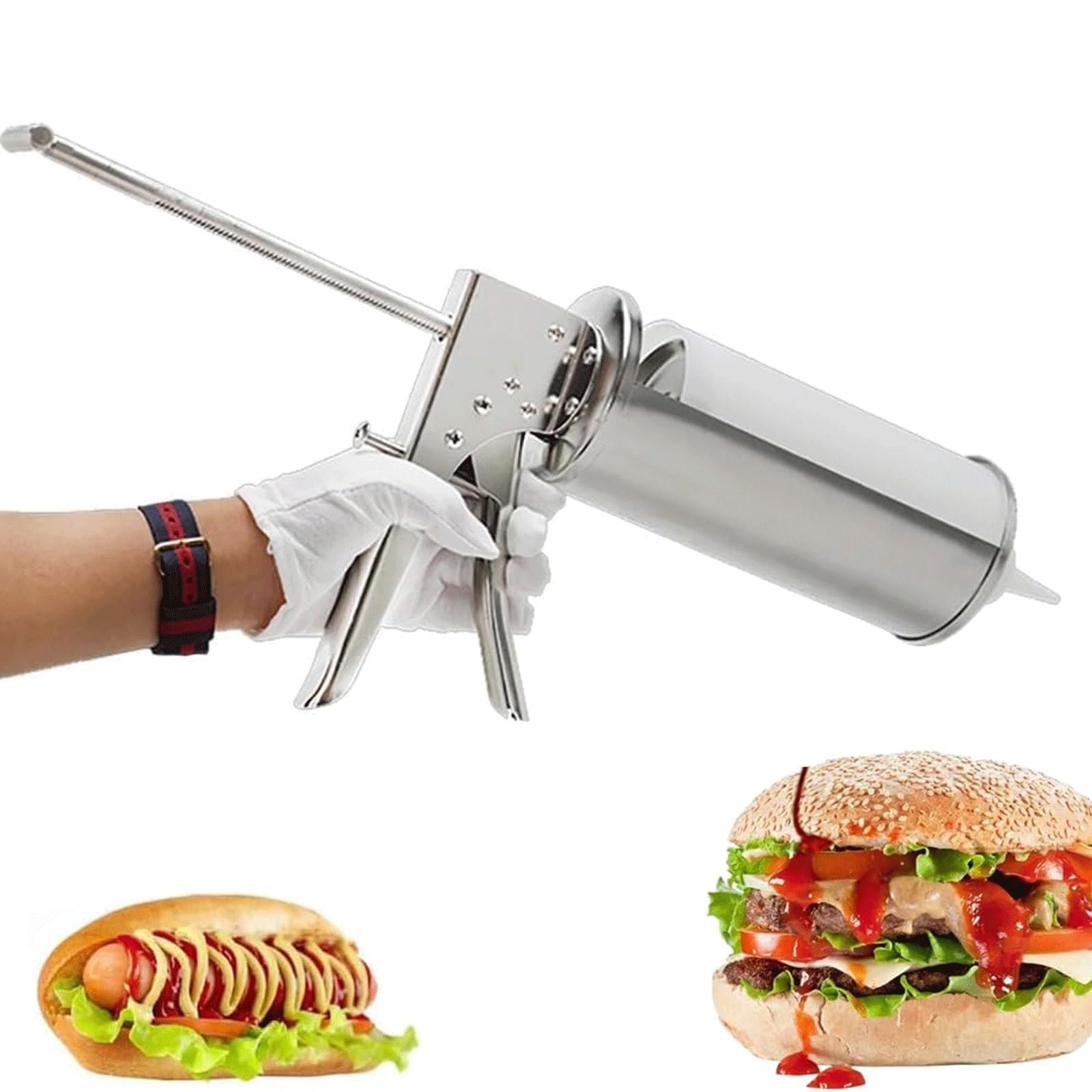 Ręczny dozownik sosów, butelka wyciskana ze stali nierdzewnej do keczupu, pomidora, sosu sałatkowego, 650 ml, napełniacz do dżemu hamburgerowego i pistolet do sosów z dwiema butelkami