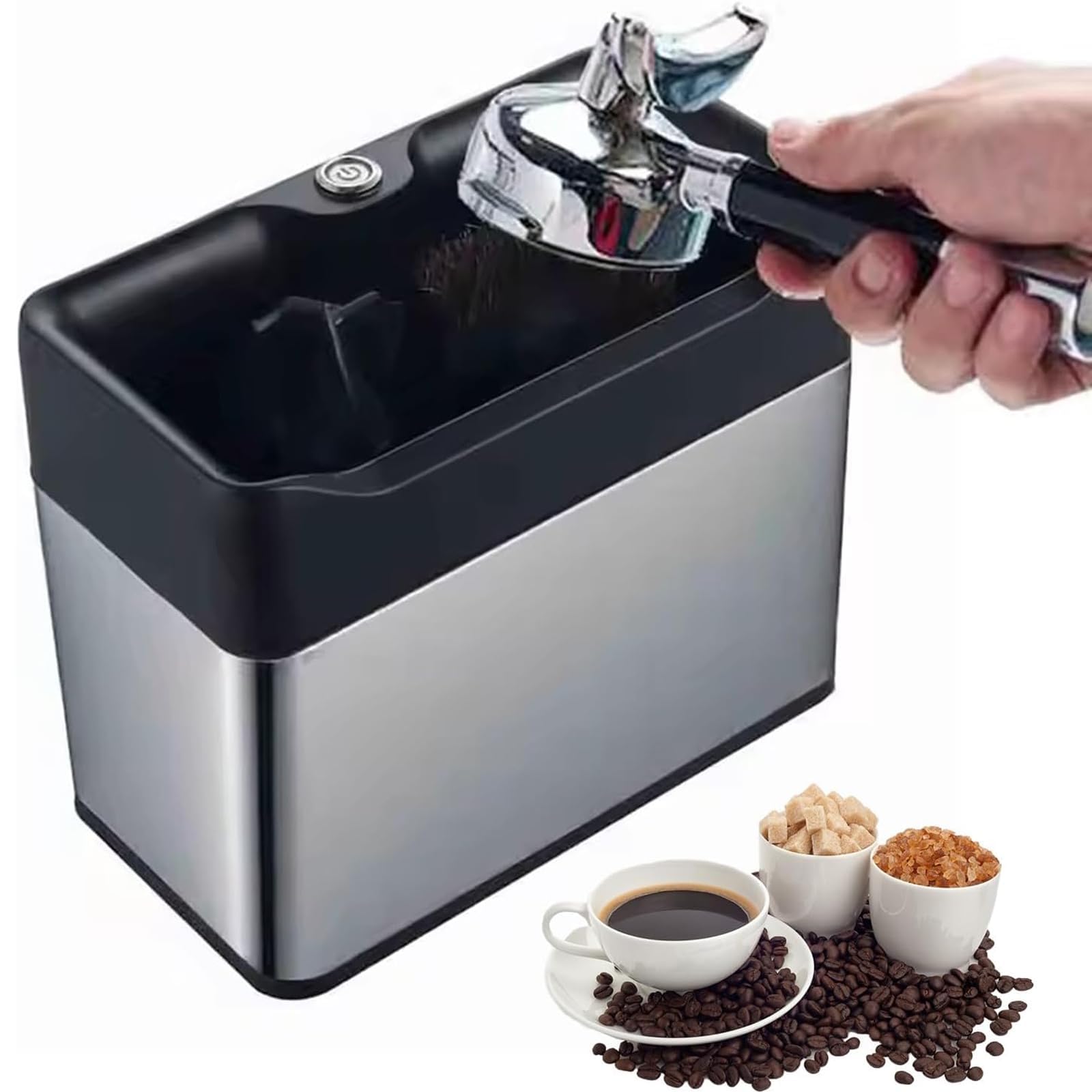 Nettoyeur de filtre à café électrique avec boîte à frapper, double têtes de brosse pour un nettoyage rapide en 3 secondes, idéal pour un usage domestique et commercial