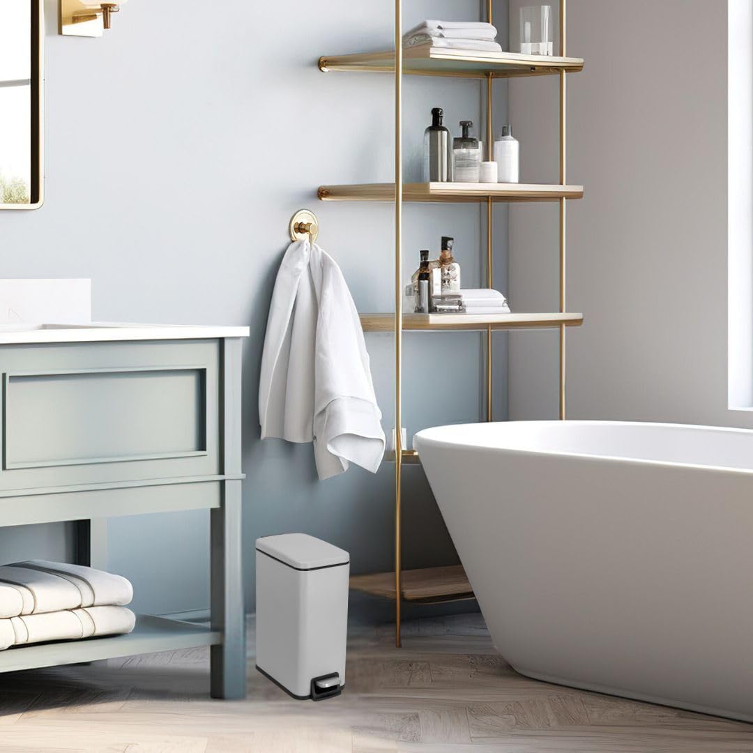 Moorefield Premium Stainless Steel Bathroom Wastebin, Rectangular Slim Design Trash Can, 1.6 Gallon Garbage Capacity, Step On Pedal, Slow Close Lid, Recessed Plastic Liner (Matte Gray)