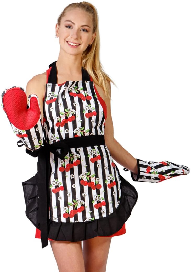 Sexy Frilly Cooking Aprons for Women and Silicone Grid Oven Mitts Set (Black Trim). Great for Gift