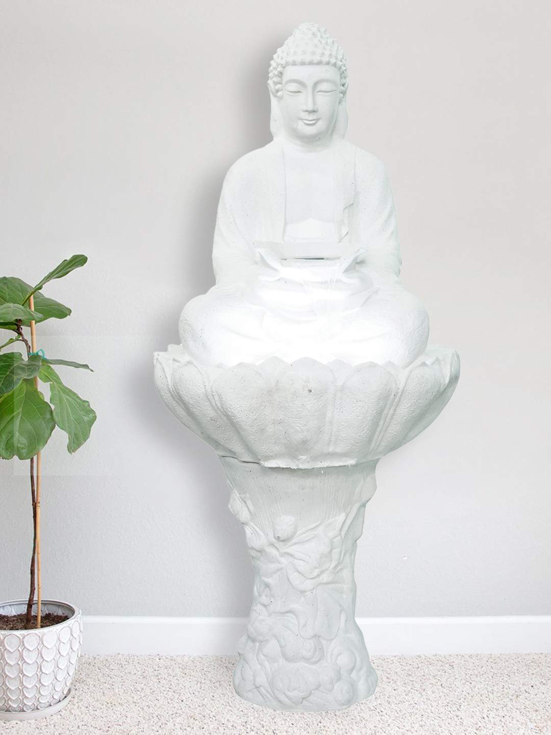Big Bulk Big Kamal White Buddha Fiber Indoor Outdoor Fountain with Pillar & Led Lights for Home Decor and Office Decoration Or Gifting (65 x 50 x 127 cm)