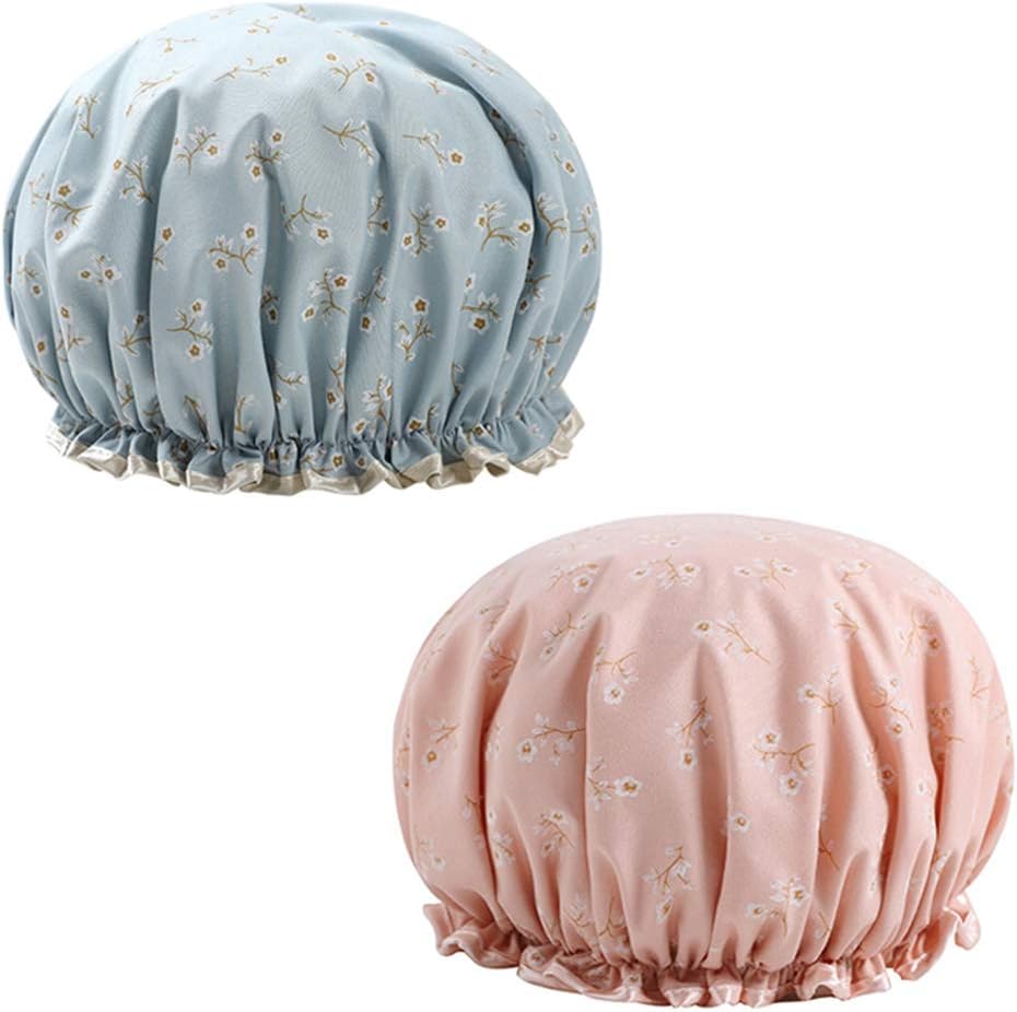 Hair Hood Shower Cap Elastic Bathing Hats Large Shower Caps Double Layer Ladies Elastic Waterproof Shower Cap Women Waterproof Reusable Bath-Hat Elastic Cap With Elastic Band For Shower Spa Salon 2pcs