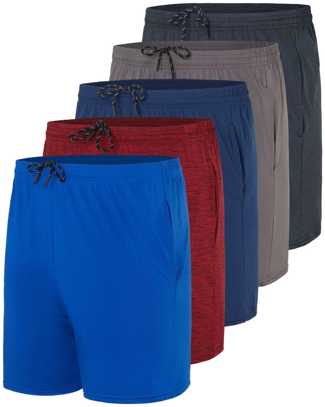 Real Essentials5 Pack: Men's 5" Inseam Dry-Fit Running Workout Shorts - Pockets & Drawstring (Available in Big & Tall)