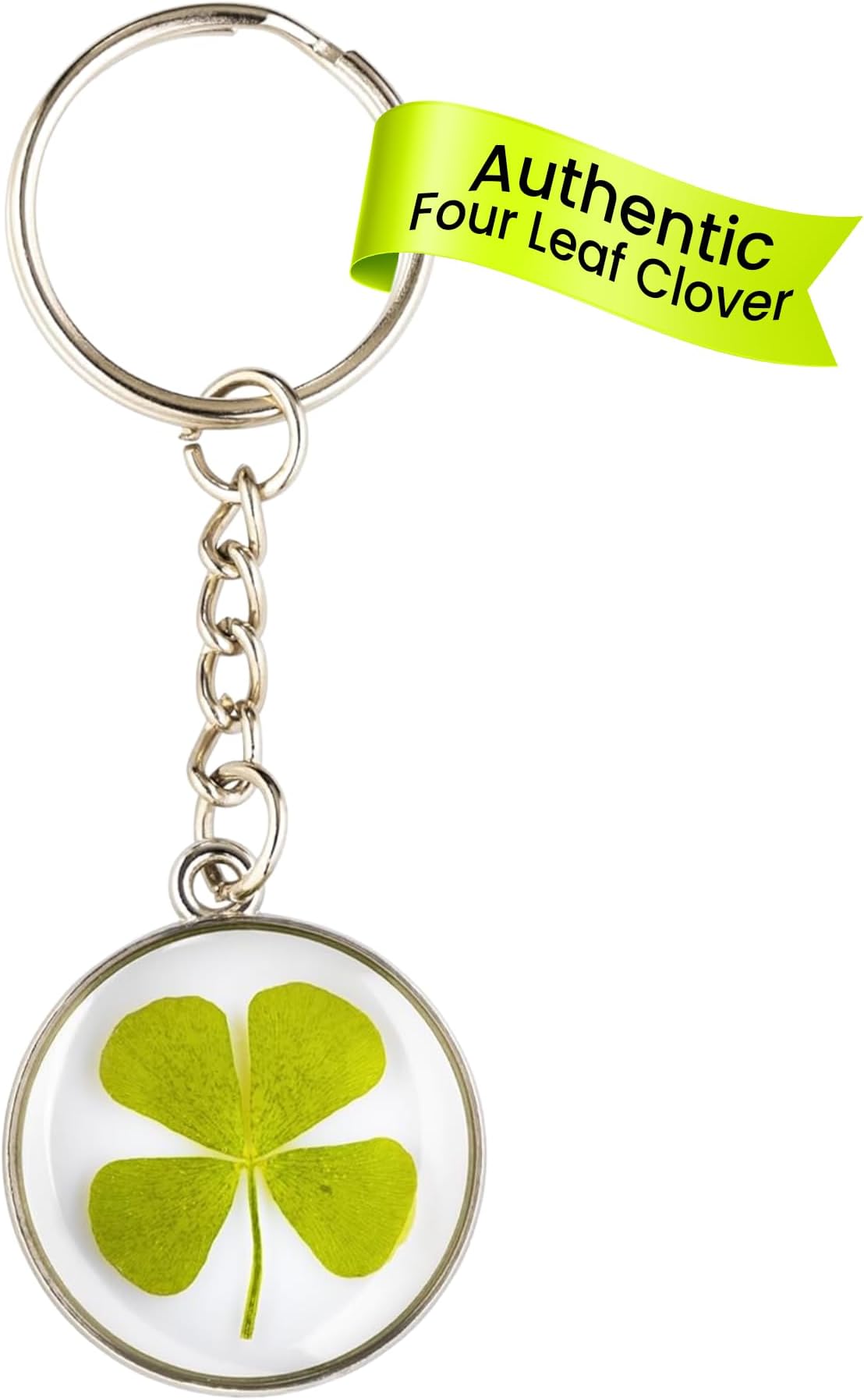 Cotswold Crafts By Emma—Good Luck Keyring w/Real Pressed Four Leaf Clover - Perfect Christmas stocking filler idea or secret santa gift under a tenner- Silver Keychain, Dried Clover in Resin Pendant