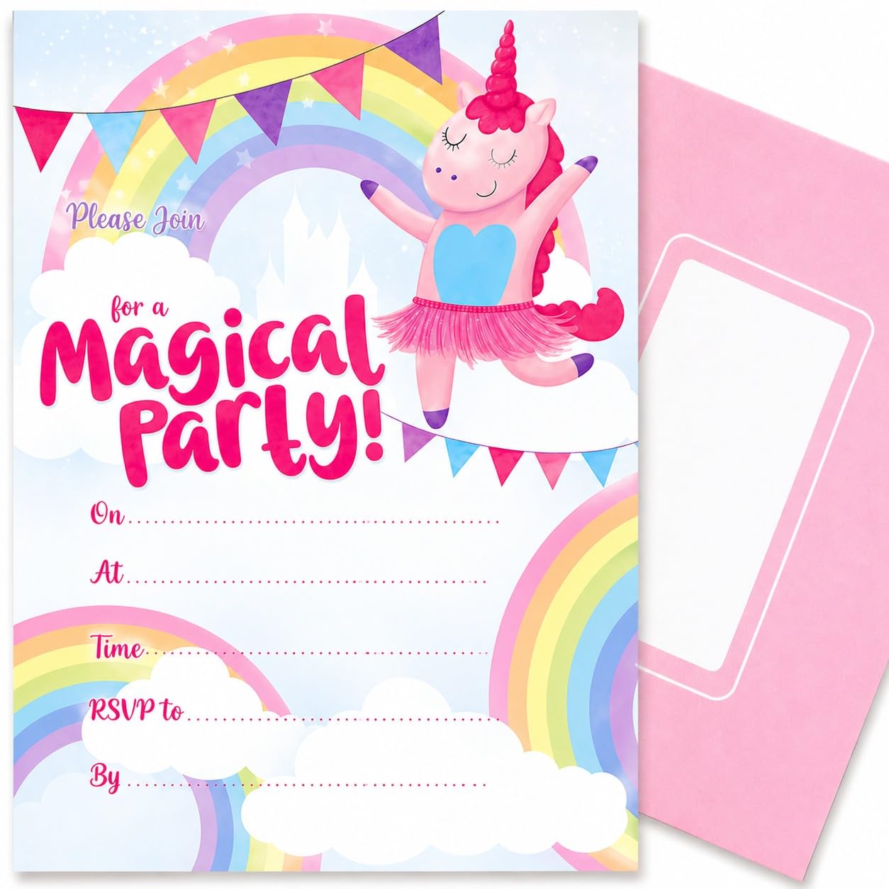 YLAB 40 Unicorn Birthday Party Invitations with Pink Envelopes โ Cute Fill-in-the-Blank Kids Party Invites, Magical Unicorn Theme for Girlsโ Birthday, Baby Shower, Sleepover & Fairy-Tale Celebrations