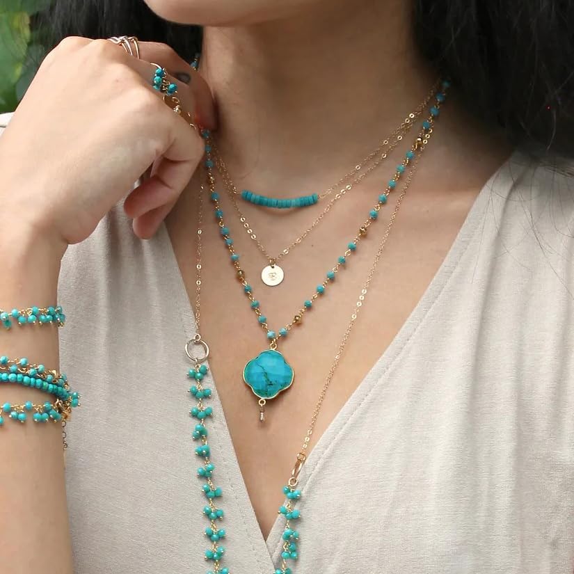 PEARLADA Turquoise/Lapis Lazuli Beaded Bar Pendant Necklace, Dainty 18k Gold Plated Chain Choker Necklace, Boho Turquoise Jewelry for Women - Image 6
