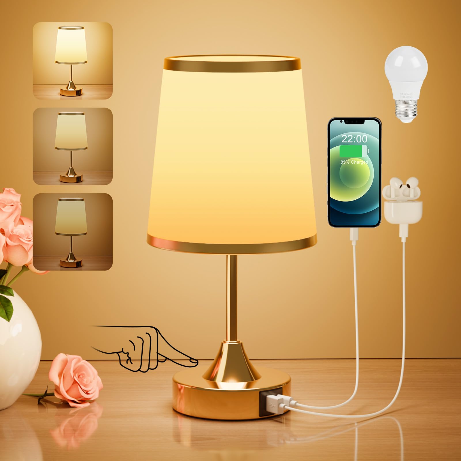 Suright Lámparas de Mesita de Noche Táctil con Puertos de Carga USB A+C, Lámpara de Mesa Regulable con 3 Niveles de Brillo, Lámpara de Noche Pequeña para Dormitorio Salón (Bombilla Incluida)