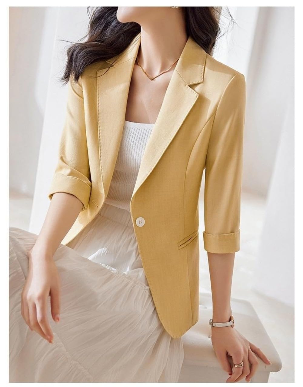 Blazer Damen Sommer,Hellgrüner Blazer Für Damen, Lässiger Cardigan Mit Offener Vorderseite, 3/4-Arm, Gerollte Ärmel, Frühling, Sommer, Dünne Arbeitsjacken, Büro, Business, Tunika-Oberteil, Ta