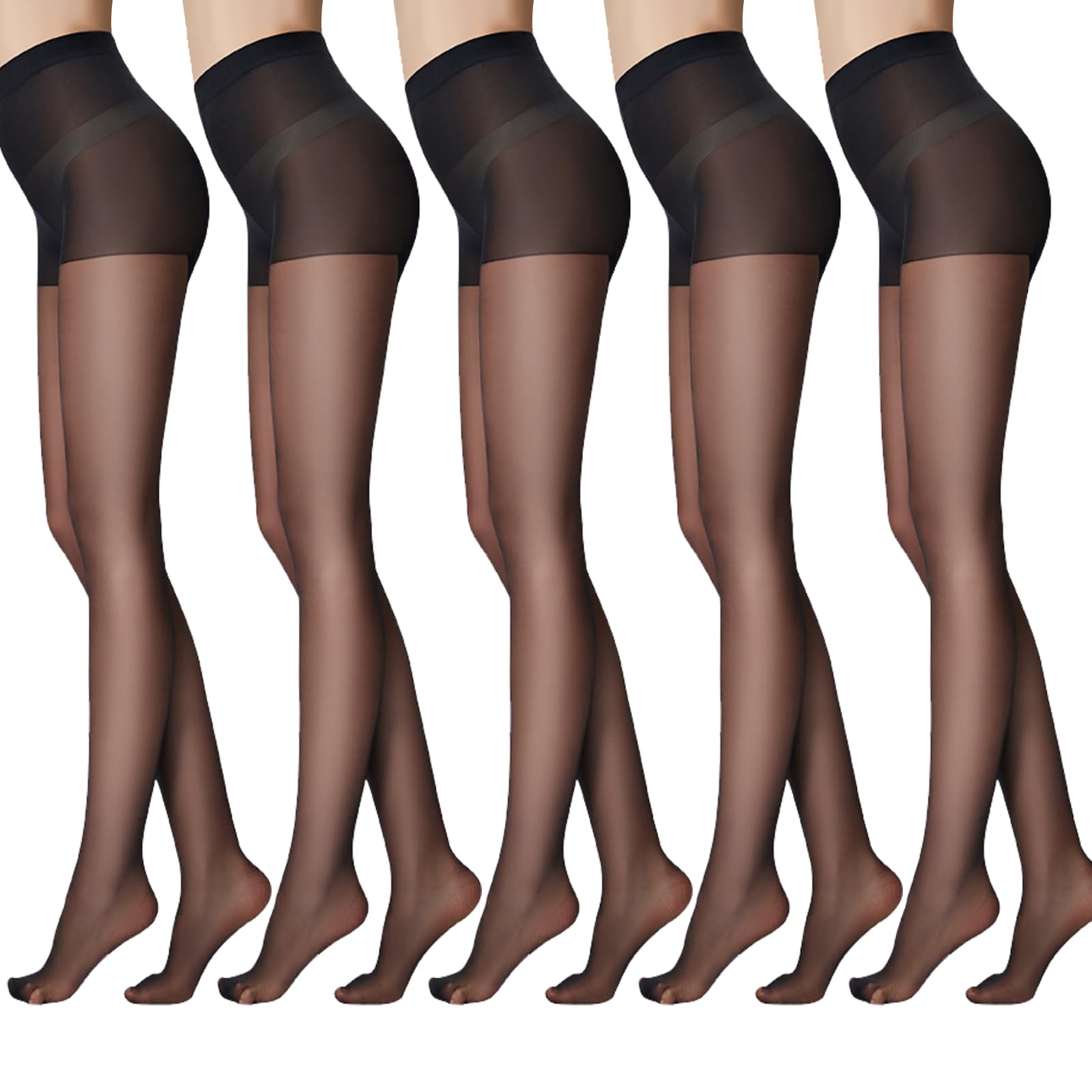 15D Black Sheer Tights for Women with Reinforced Toes, Seamless Control Top Pantyhose for All Occasions, 5 Pairs