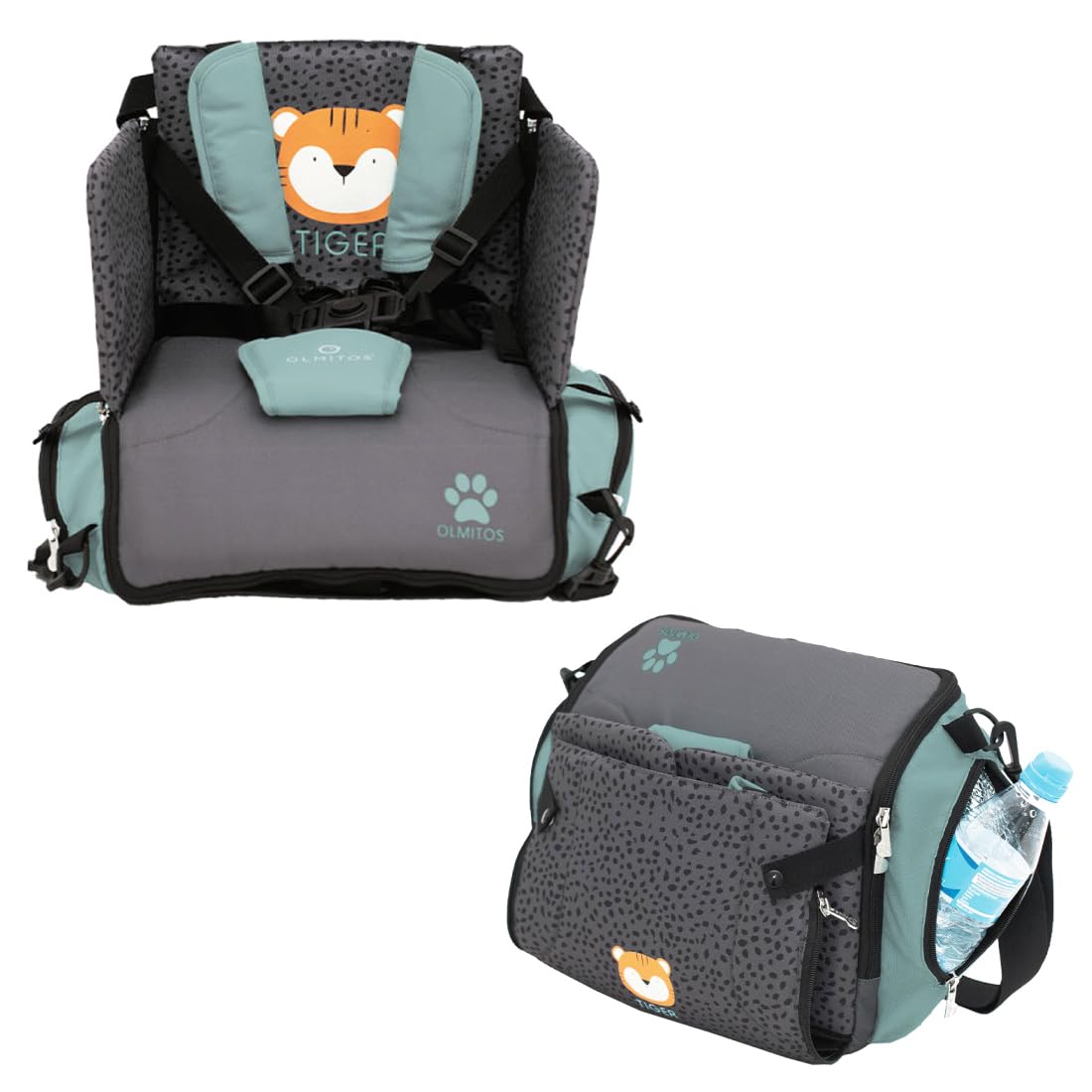 Olmitos - Asiento Elevador para Bebé 3 en 1 TIGER: Asiento, mochila y bandolera -Universal Correas Ajustable - Montaje Rápido - Bolsillos Prácticos - Trona portátil bebé - Trona de viaje(TIGER)