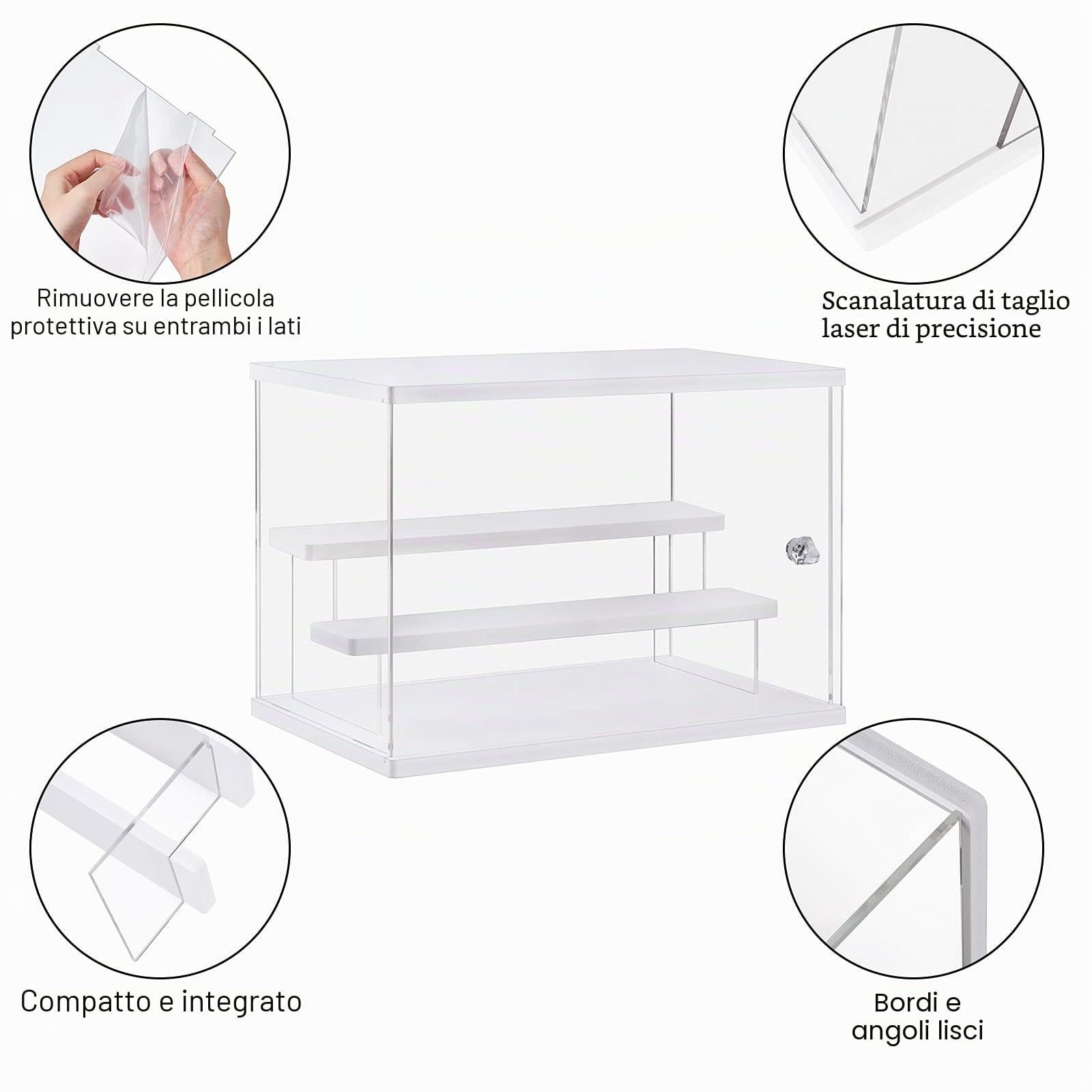 Vetrina in acrilico trasparente con scala trasparente scatola di immagazzinaggio controsoffitto cubo per oggetti da collezione, antipolvere per figure da collezione(12,5 x 7 x 21,6 cm, bianco)
