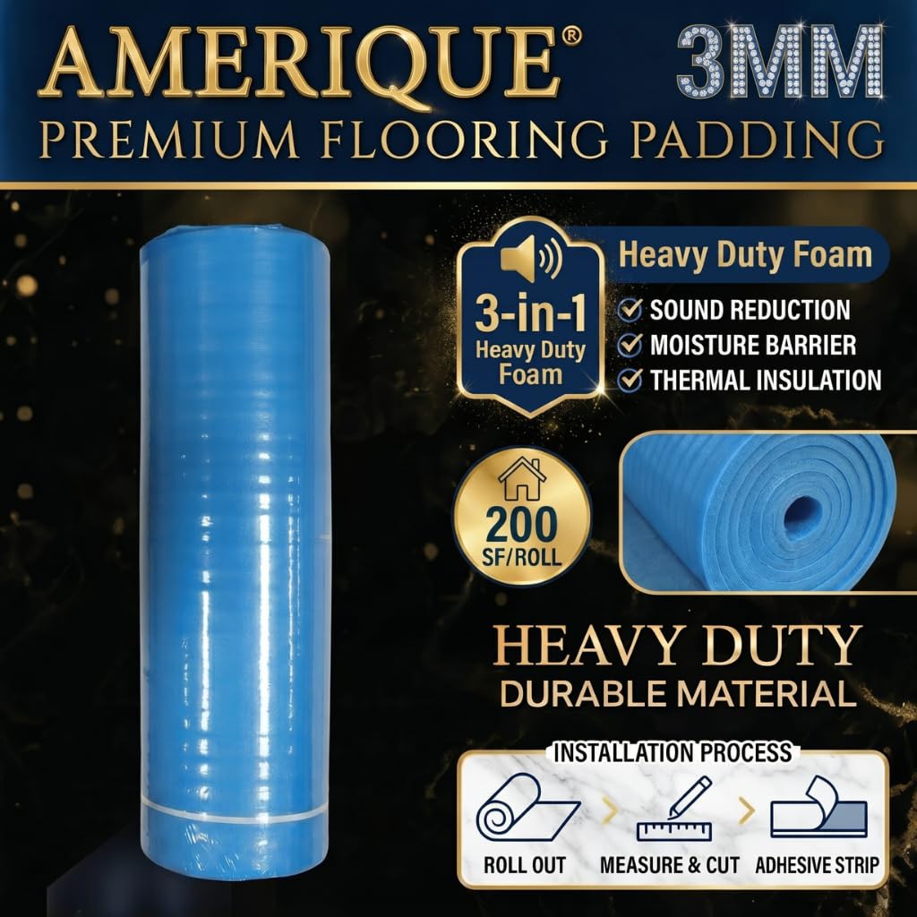 AMERIQUE 691322309911 400SQFT Suelo acolchado de 3 mm de grosor con cinta y barrera de vapor, espuma resistente 3 en 1 total, 200 SF/rollo, cuadrados. pies, azul real (paquete de 2), 400 Square'