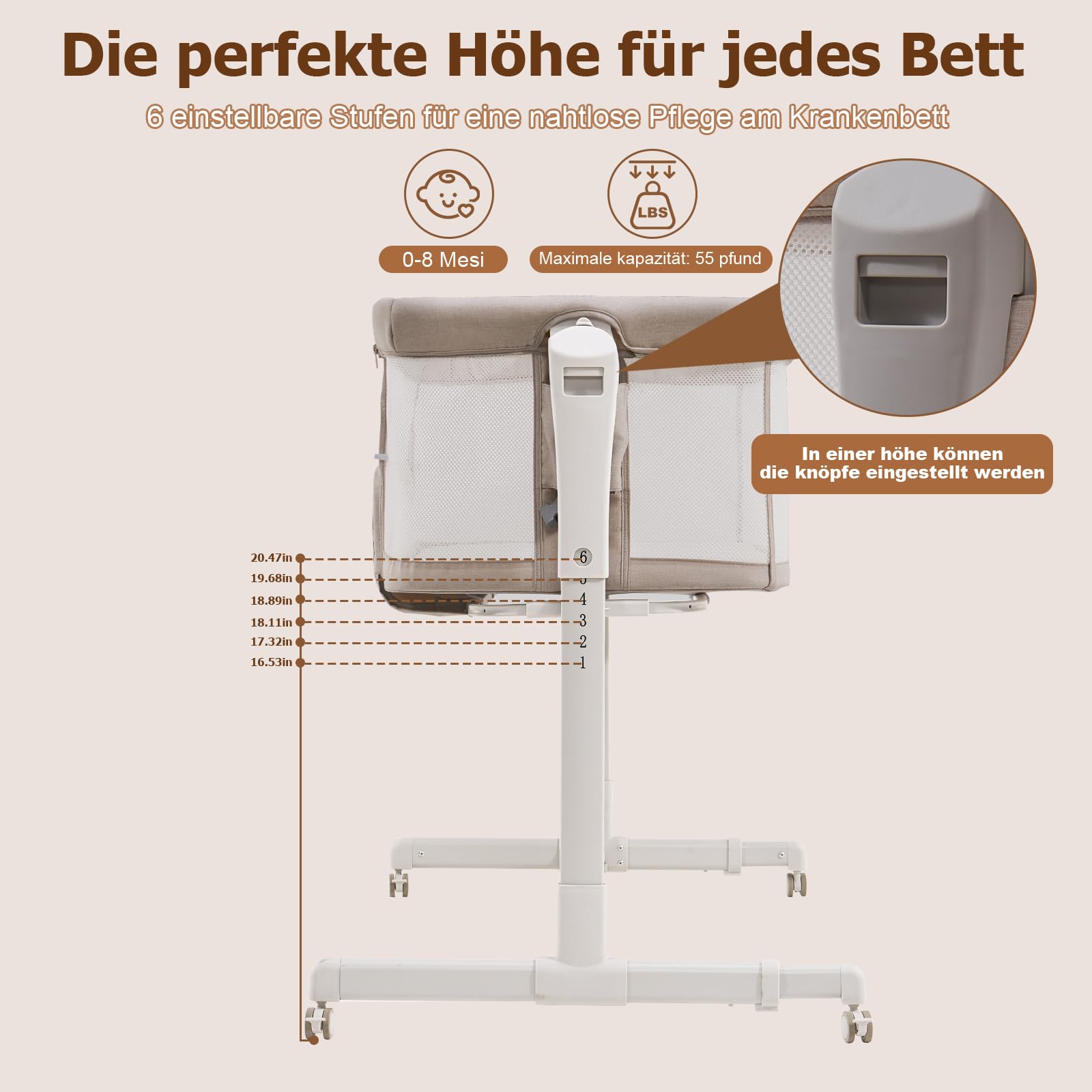 SANEWE Essential Culla Neonato Fianco Letto,Culla Next To Me 3-in-1 Oscillante con Ruote e Regolazione Altezza 6 Posizioni - Tessuto Mesh Traspirante e Materasso Morbido per Neonati e Infanti