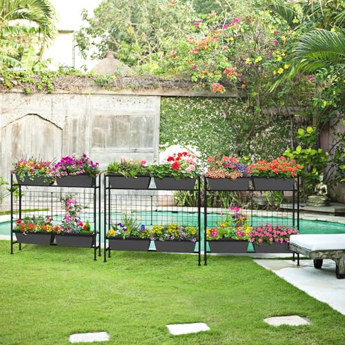 Image of OYEAL Raised Garden Beds Outdoor with Legs 32 inch Tall Herb Garden Planters Box Raised Flower Beds for Gardening, Vertical Privacy Planter with Trellis for Patio, Porch, Backyard, Balcony, Grey