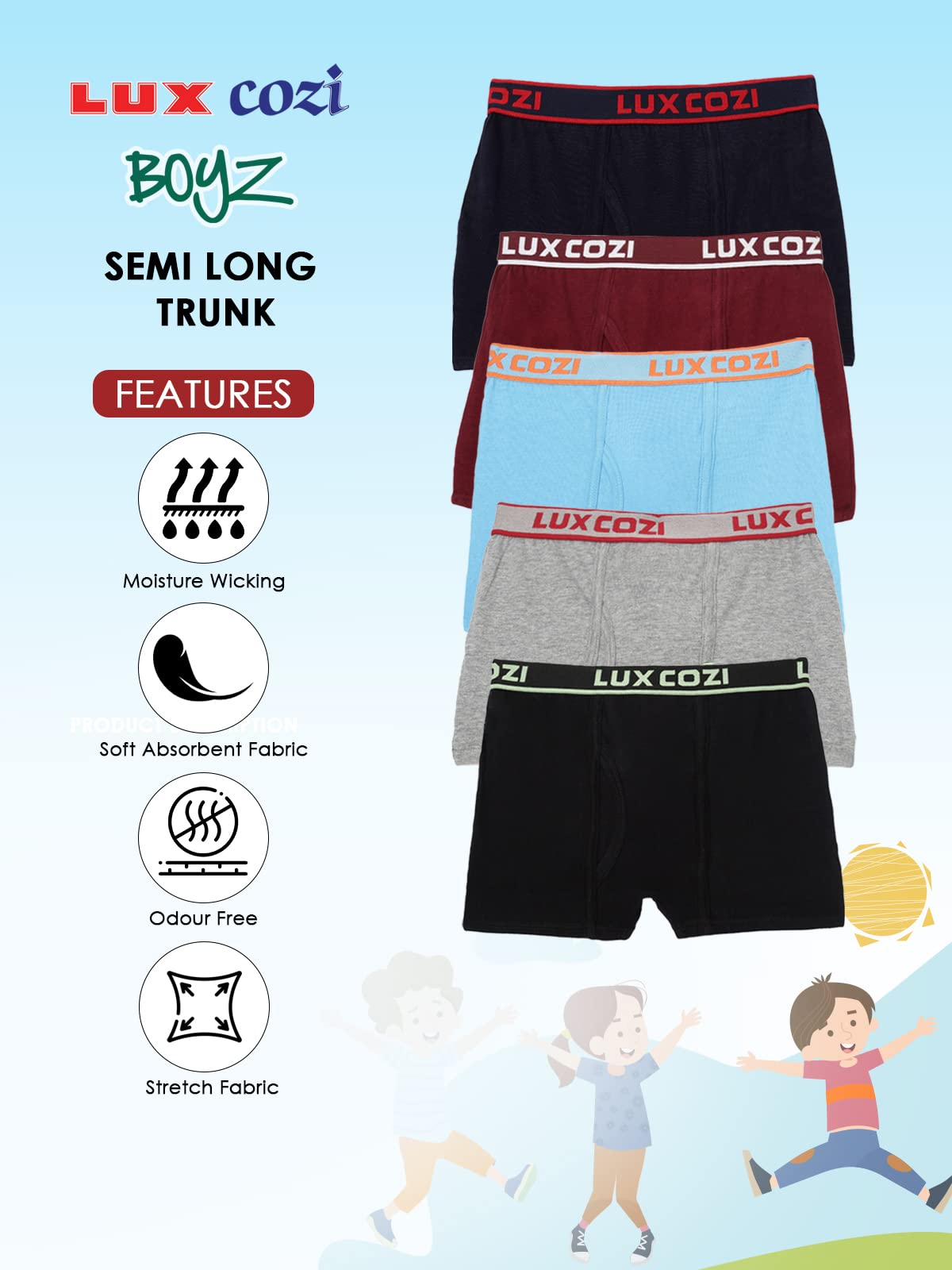 Lux Cozi Bigshot Boy's Pack of 8 Super Combed Cotton Outer Elastic Semi Long Plain Trunk for Kids (Size : 70cm) Multicolour - Image 5 thumbnail
