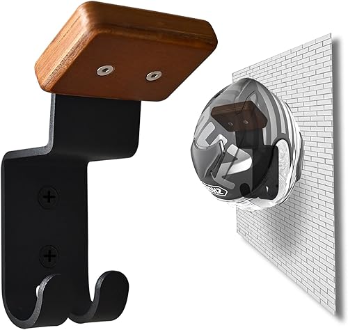 Qktxktzy Soporte de pared para casco, estante de engranajes de motocicleta con 2 ganchos para llaves, construido con madera maciza y acero fuerte