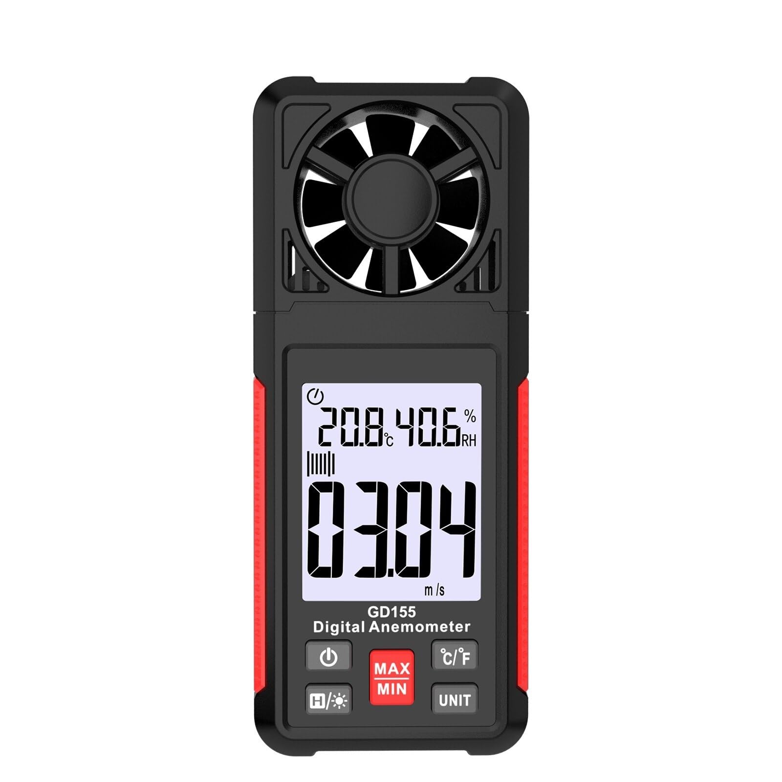 Anemómetro digital portátil GD155 for medir la temperatura y el frío con pantalla LCD retroiluminada.