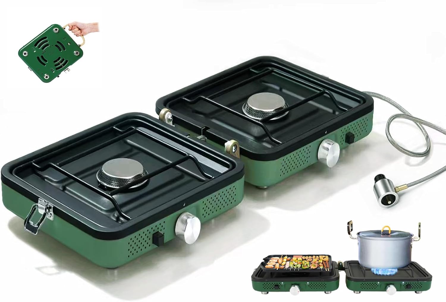 2025 Update Portable 2 Burner Propane Camping Stove with Barbecue Plate – 17200 BTU High Output, Two Adjustable Burners, Easy Carrying Handle & Inlet Gas Pipe (GREEN)