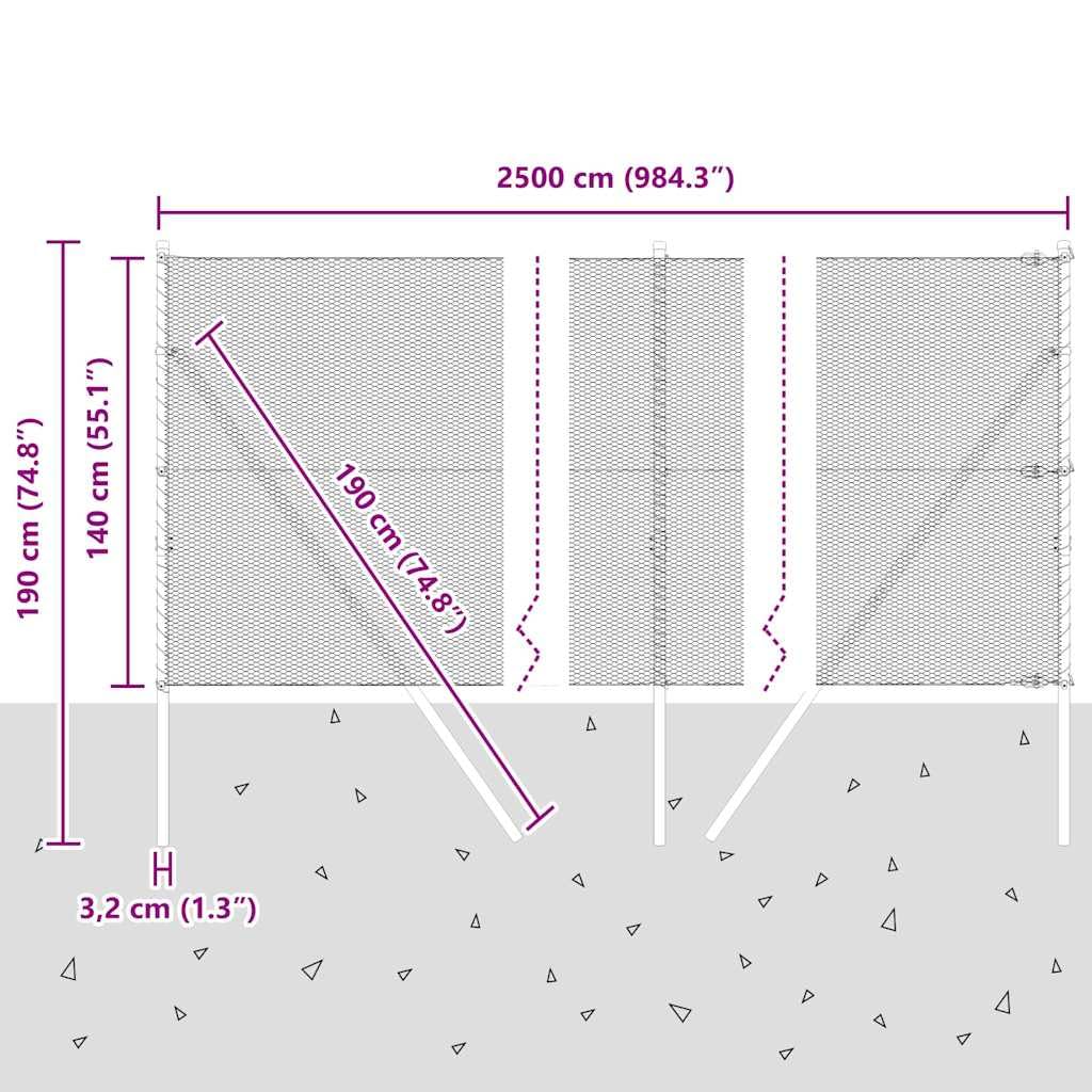 Recinzione in acciaio zincato, 25 x 1,4 m, con 11 pali, motivo a rete, resistente alle intemperie, resistente alla corrosione, per giardino, terrazza, cortile e delimitazione di terreni
