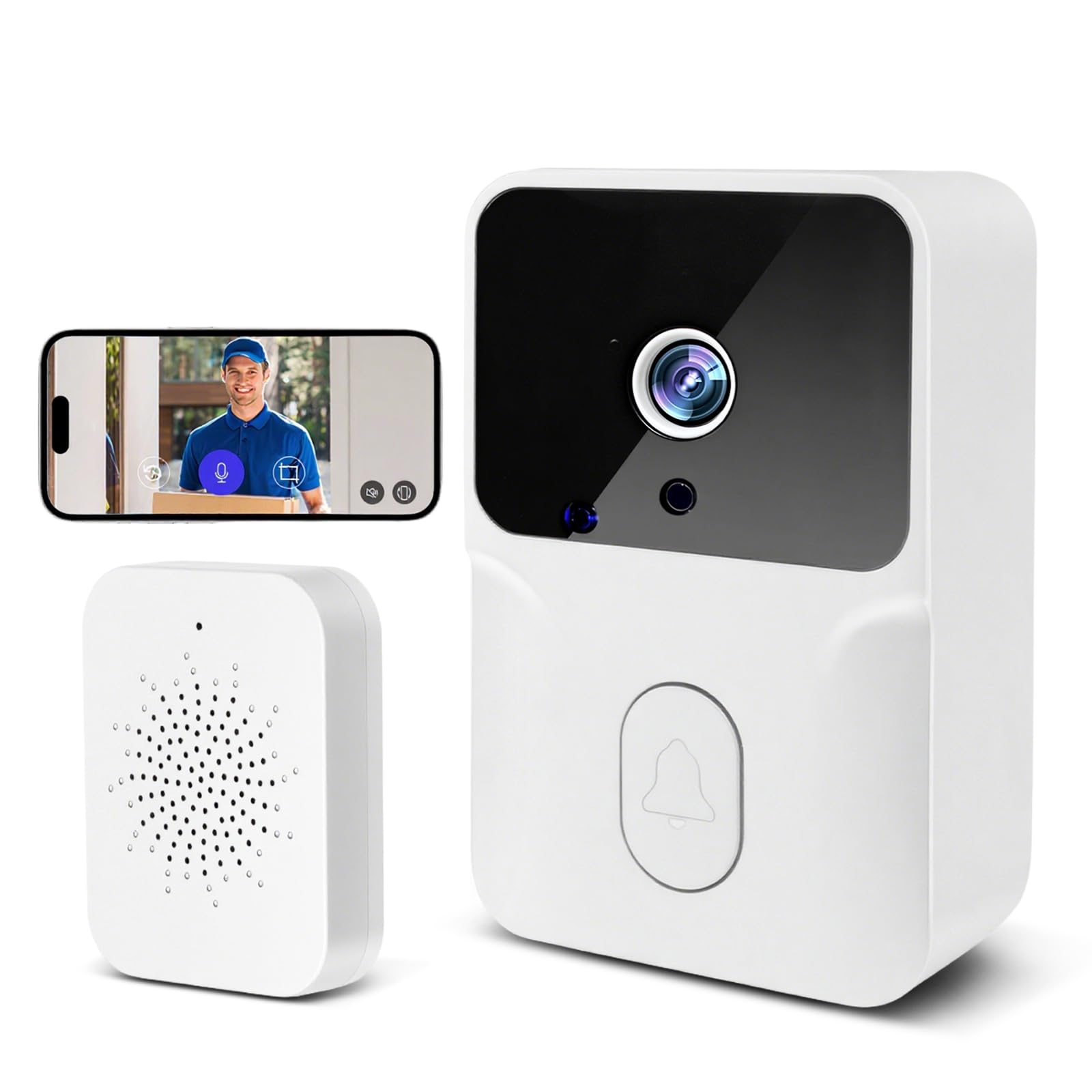 Videotimbre, Timbre Inalámbrico con 2.4GHz WiFi, 1080p HD Vídeo Timbre Puerta Inteligente con Cámara, Visión Nocturna, Audio bidireccional, Instalación Fácil por Cuenta Propia (Blanco)
