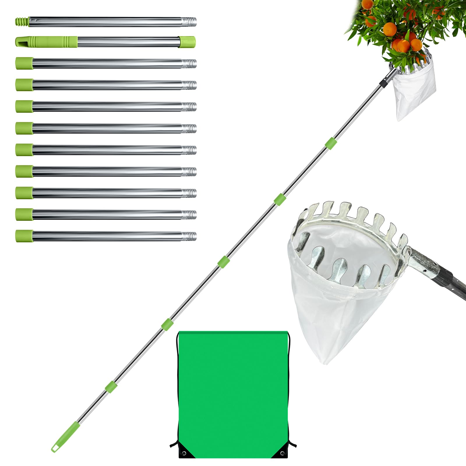 Recolector de frutas con mango telescópico de 4 m, ideal para recoger fruta fresca sin esfuerzo, ideal para el hogar, huerto, granja y jardín. Ideal para recoger manzanas, higos y naranjas