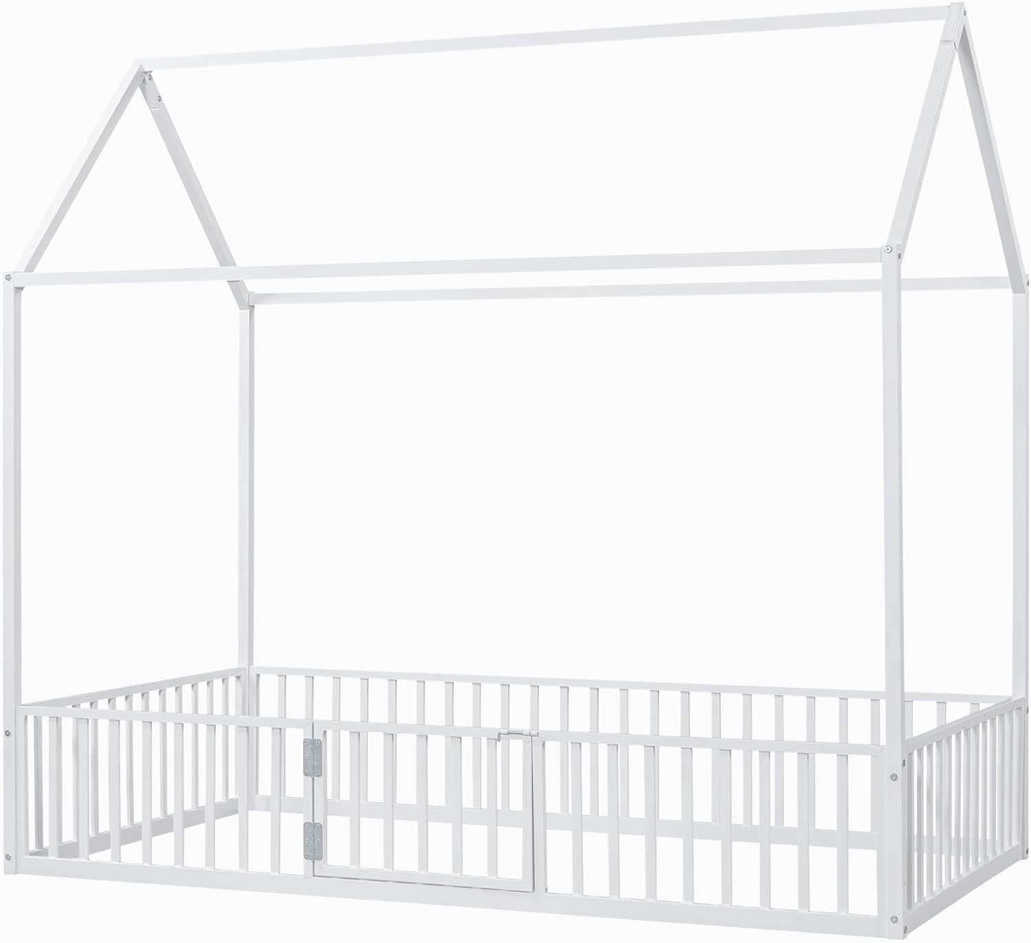 Bellemave Twin Size House Bed, Montessori Floor Bed for Kids, Metal House Beds with Door and Fencefor Kids, Twin, White