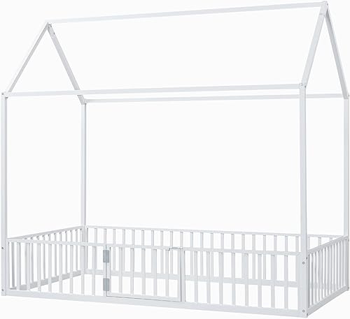 Miniatura 100 de Cama de metal de tamaño individual con valla para niños, adolescentes, niñas, niños, cama de piso de casa, camas Montessori, se puede decorar marco