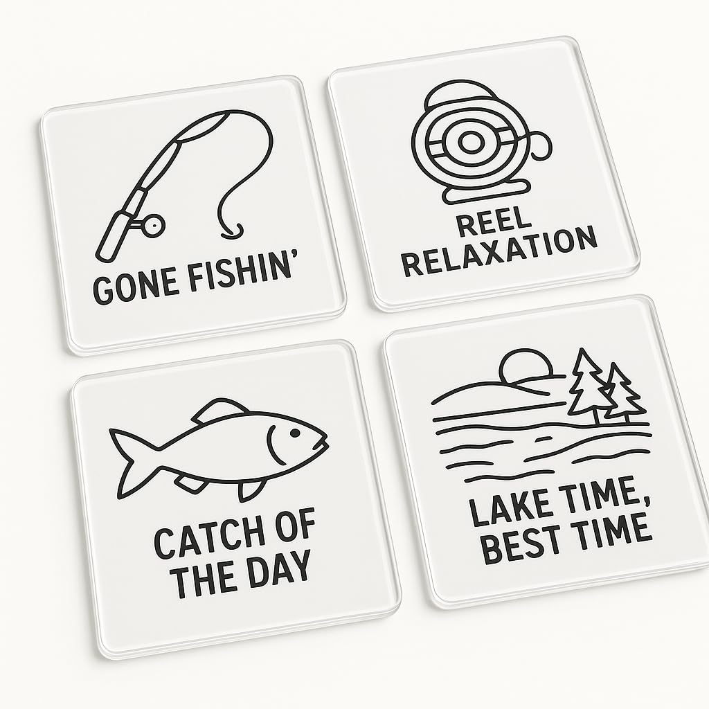 The Plum Penguin Tranquil Tides Acrylic Coaster Gift Set Of 4 With Minimalist Fishing Art - Home Decor For Grandad's Birthday Or Christmas